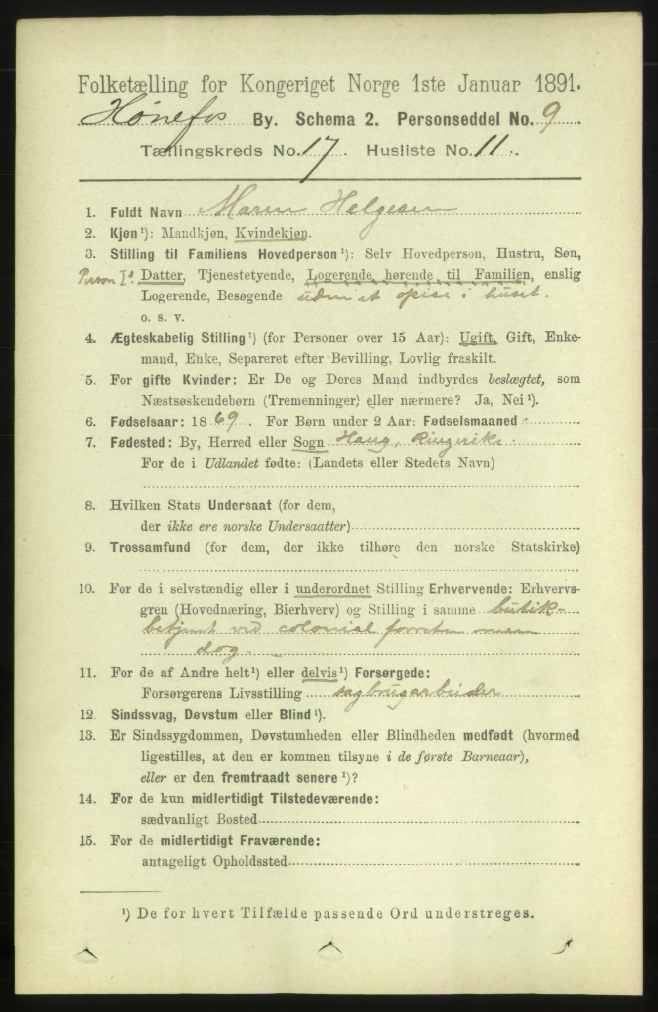 RA, 1891 census for 0601 Hønefoss, 1891, p. 1942