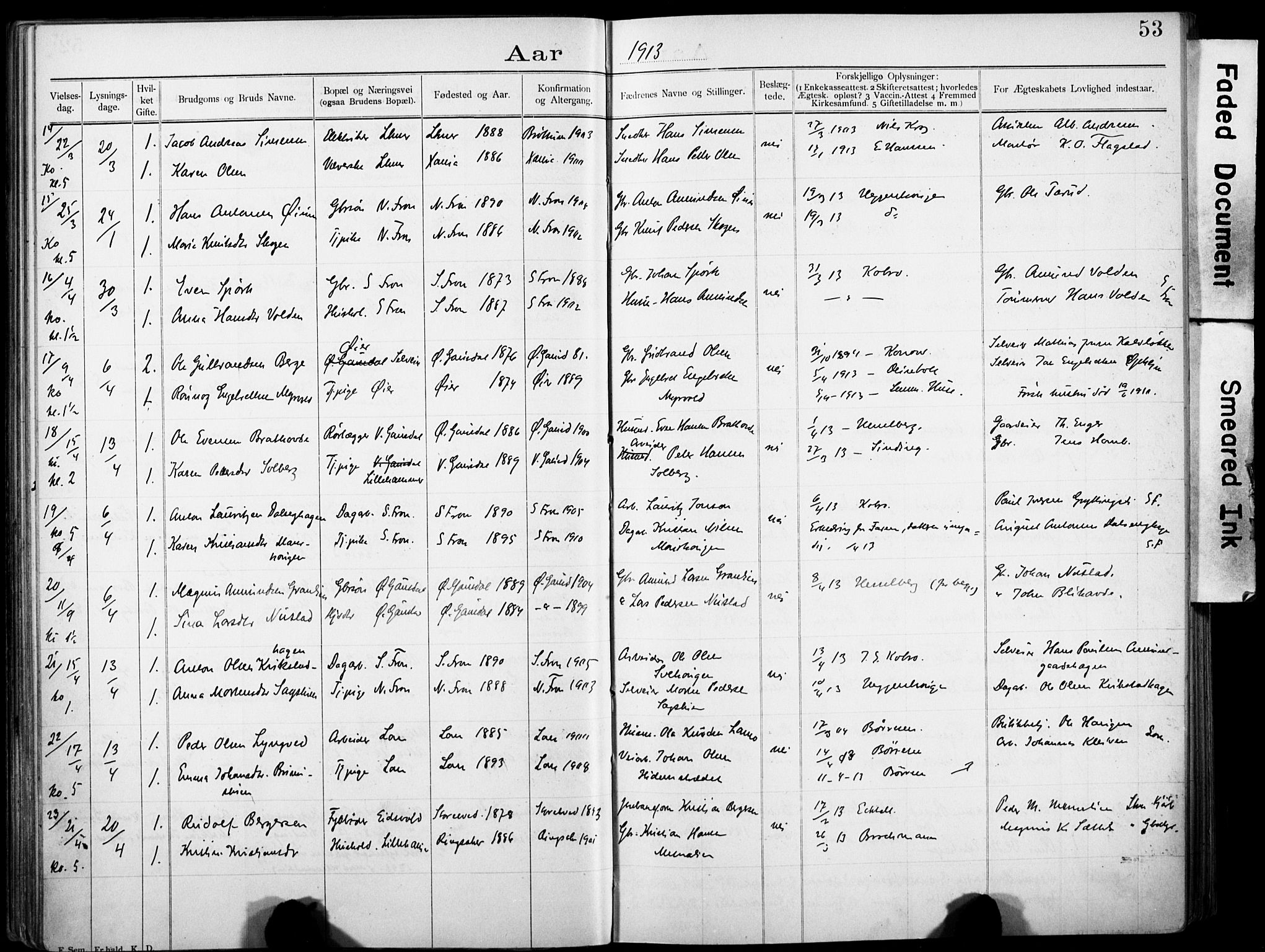 Lillehammer prestekontor, AV/SAH-PREST-088/I/Ie: Banns register no. 1, 1903-1932, p. 53