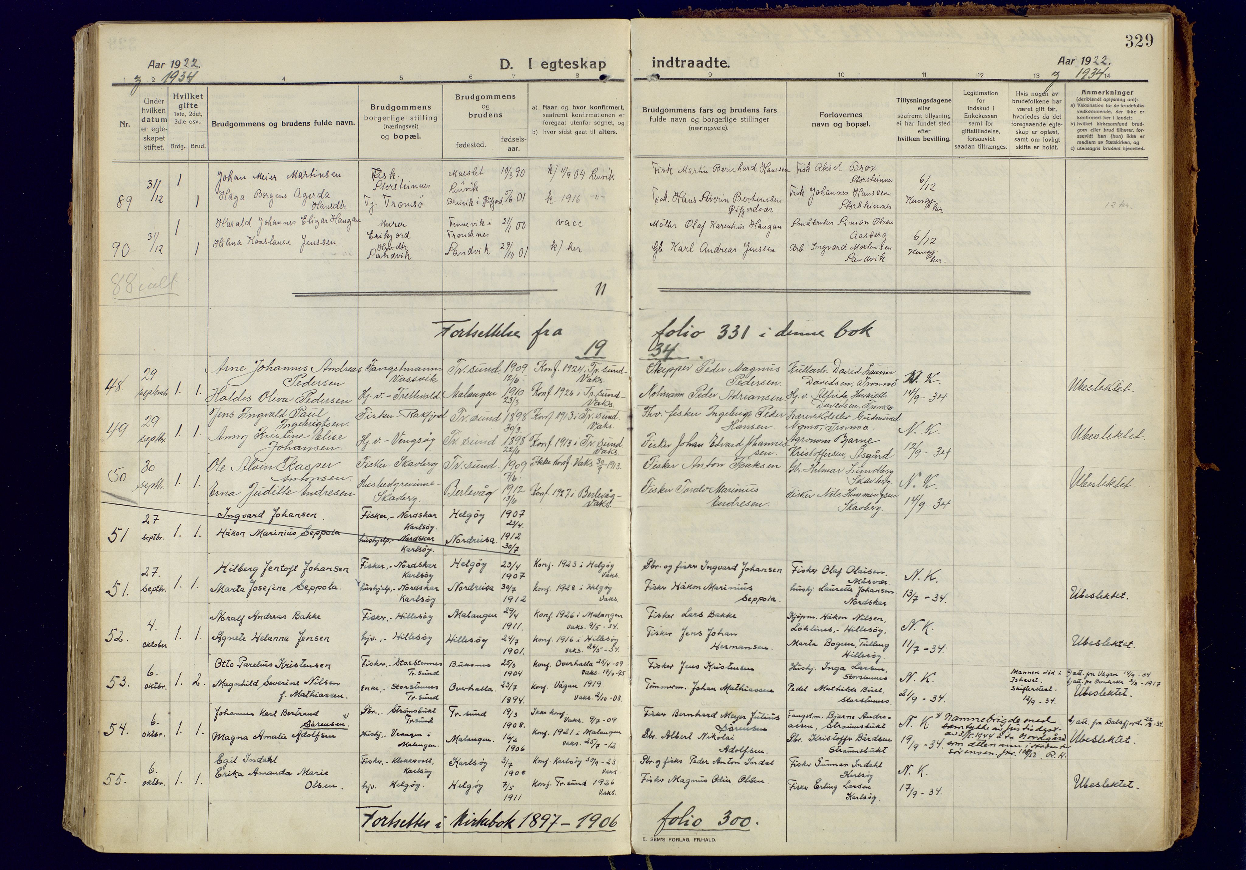 Tromsøysund sokneprestkontor, AV/SATØ-S-1304/G/Ga/L0008kirke: Parish register (official) no. 8, 1914-1922, p. 329