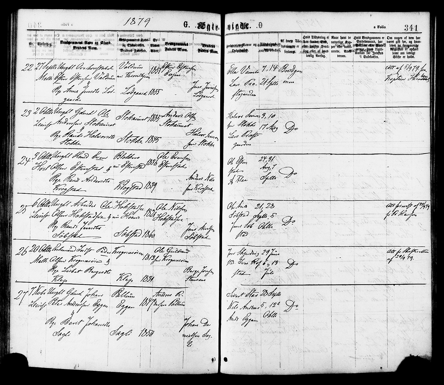 Ministerialprotokoller, klokkerbøker og fødselsregistre - Sør-Trøndelag, AV/SAT-A-1456/691/L1079: Parish register (official) no. 691A11, 1873-1886, p. 341