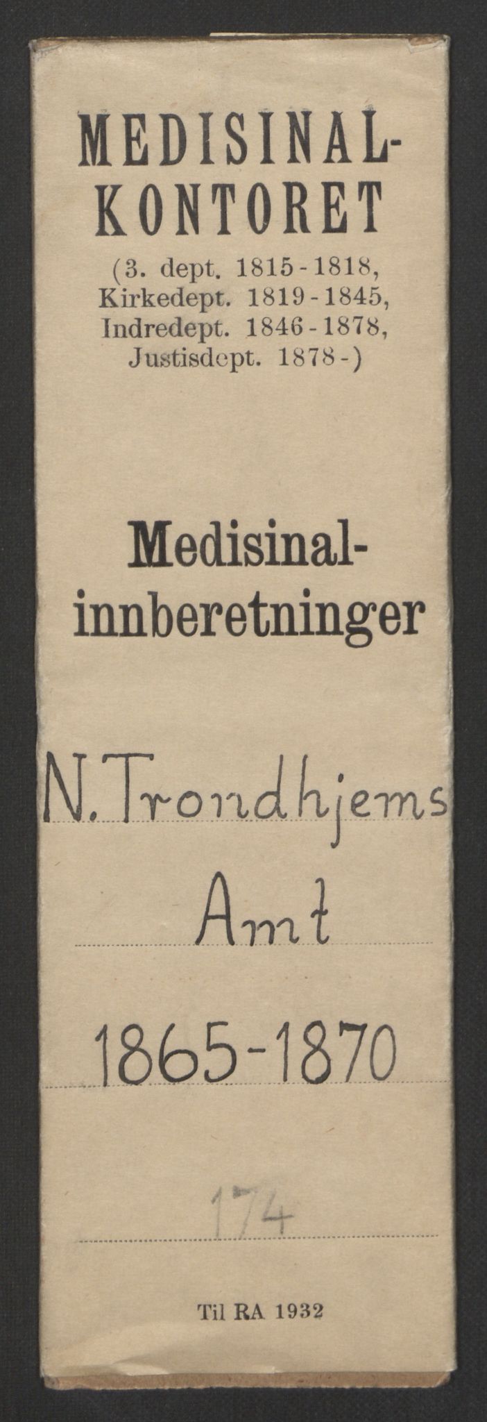 Justisdepartementet, Medisinalkontoret M, AV/RA-S-1044/F/L0174: Nordre Trondhjems Amt, 1865-1870