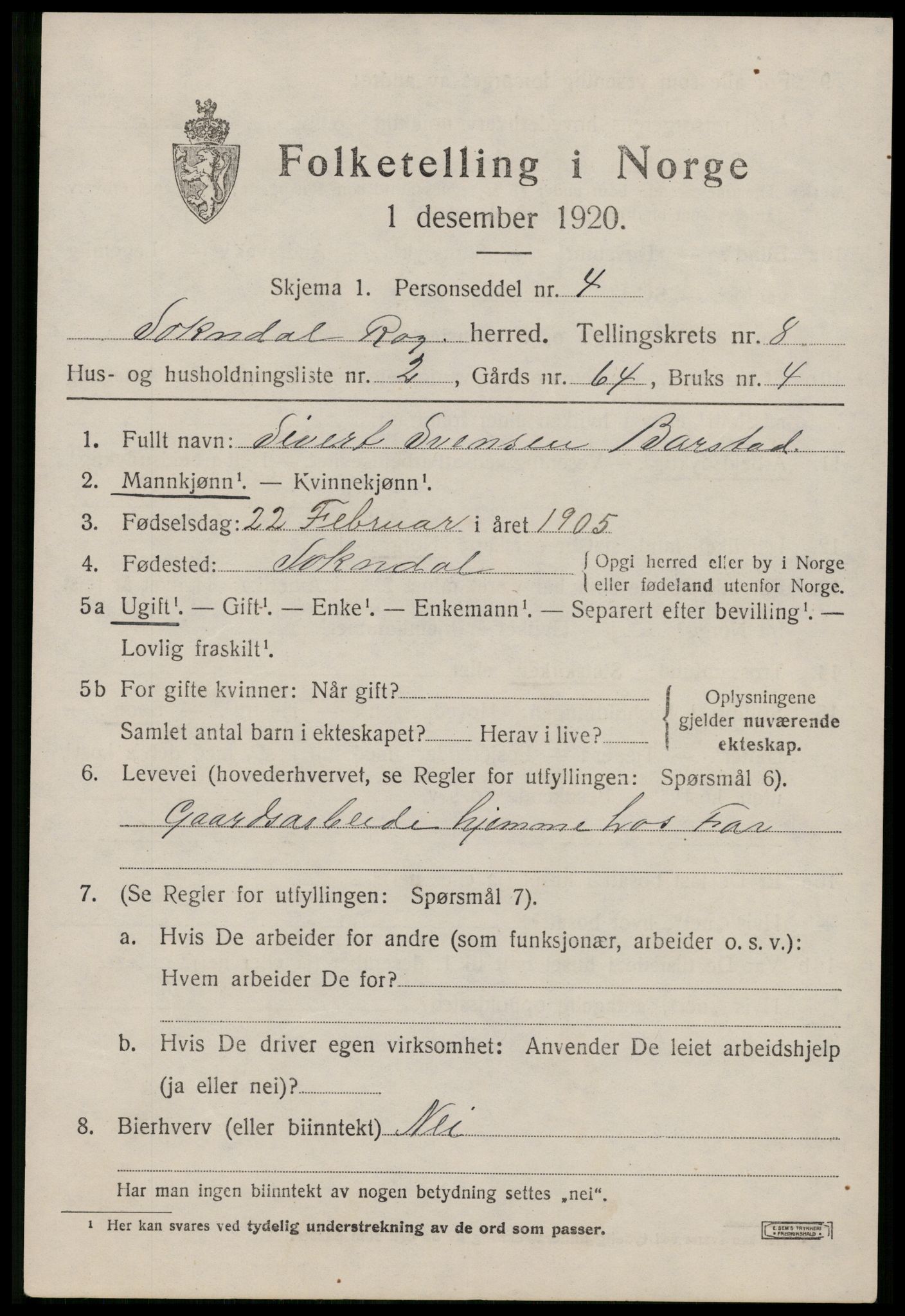 SAST, 1920 census for Sokndal, 1920, p. 4825