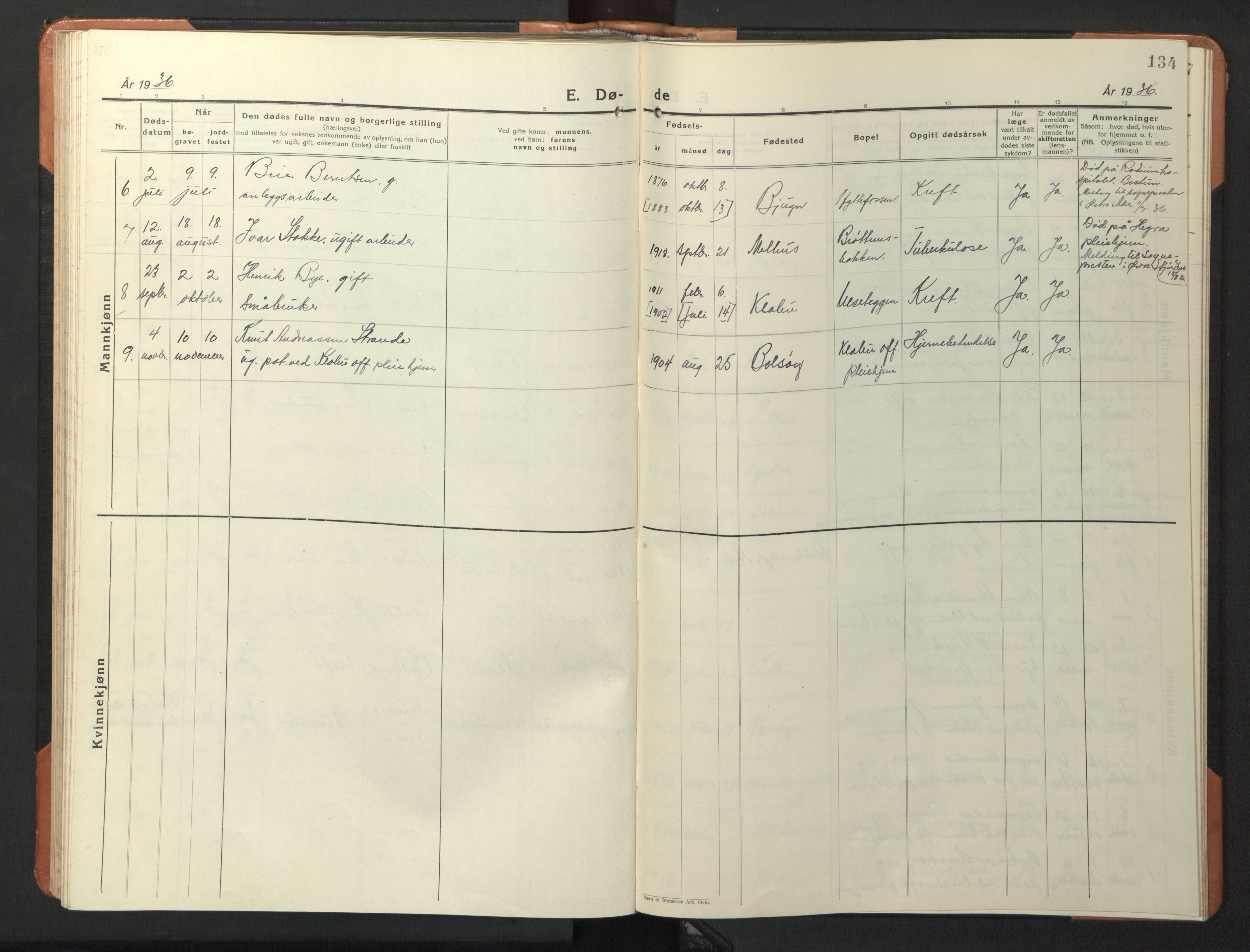 Ministerialprotokoller, klokkerbøker og fødselsregistre - Sør-Trøndelag, SAT/A-1456/618/L0454: Parish register (copy) no. 618C05, 1926-1946, p. 134