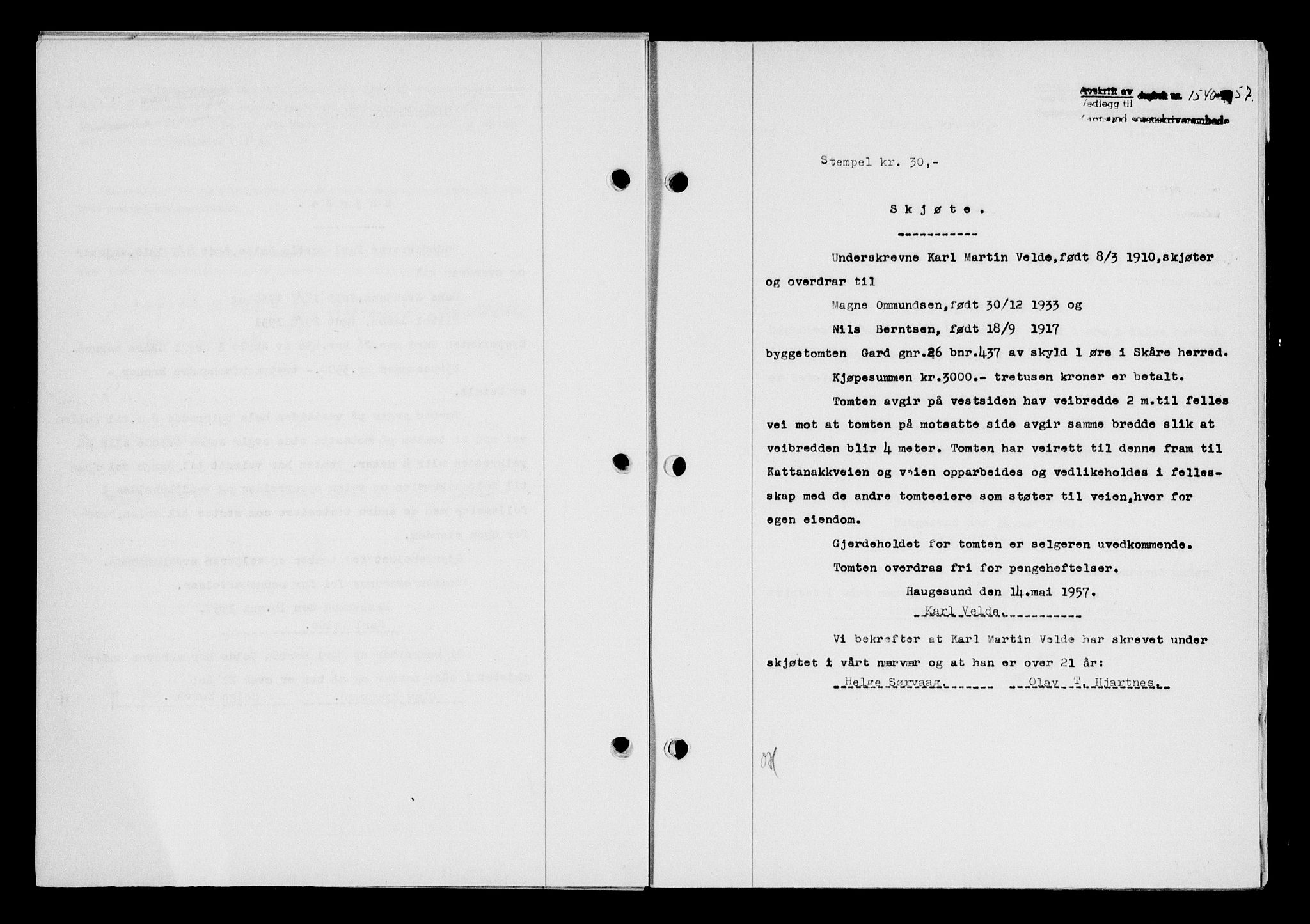 Karmsund sorenskriveri, SAST/A-100311/01/II/IIB/L0125: Mortgage book no. 105A, 1957-1957, Diary no: : 1540/1957