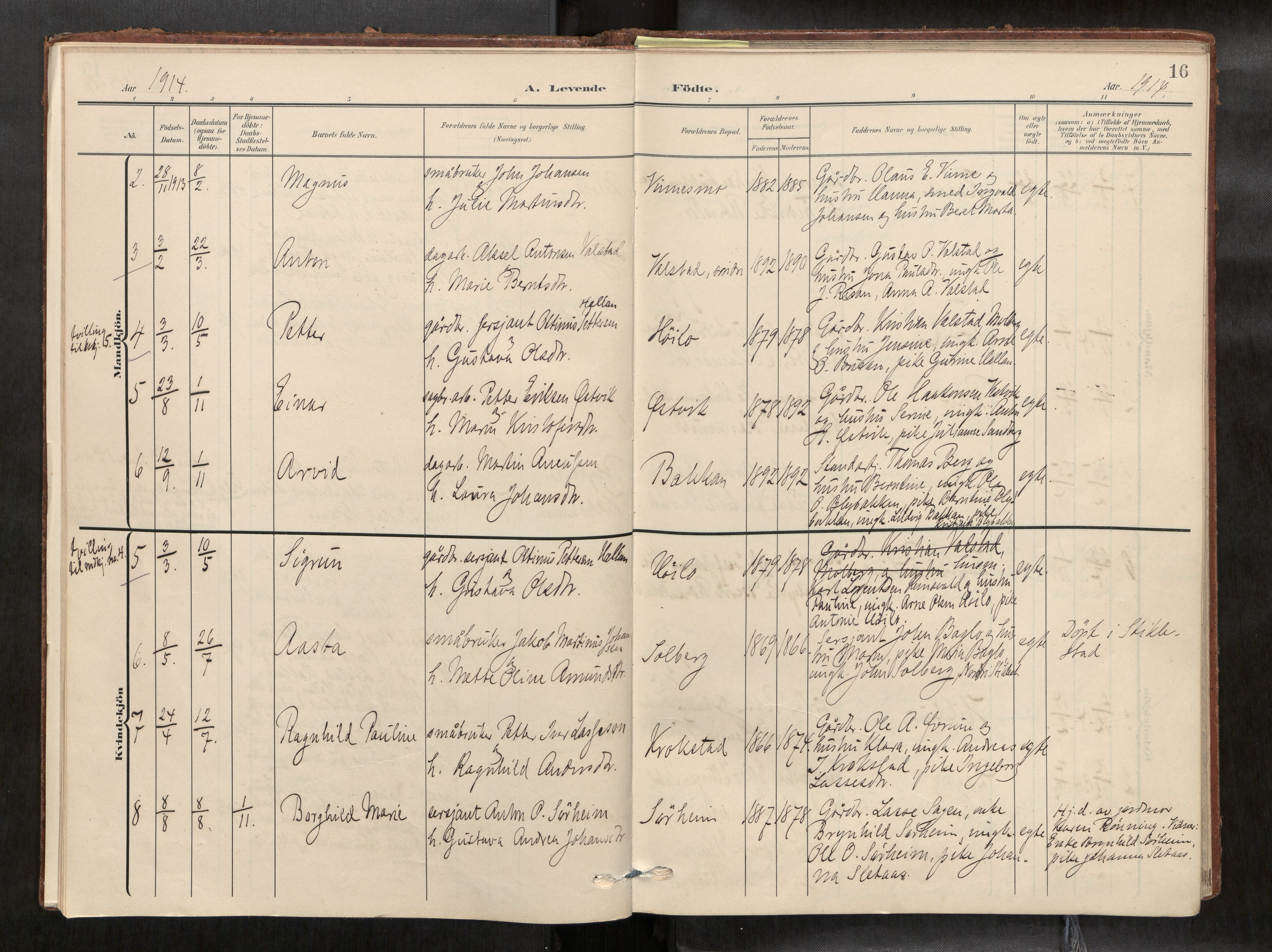 Verdal sokneprestkontor, SAT/A-1156/2/H/Haa/L0003: Parish register (official) no. 3, 1907-1921, p. 16