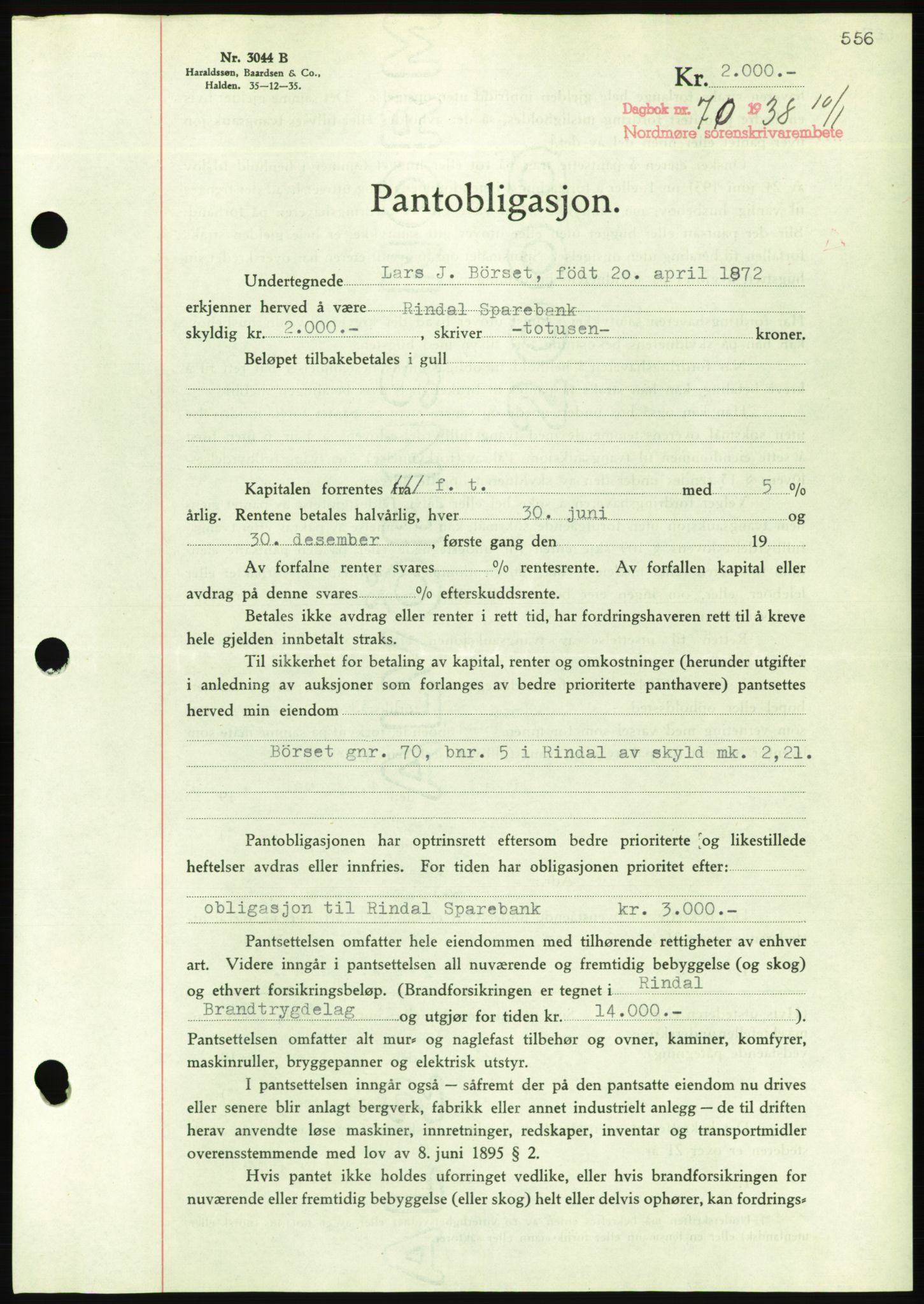 Nordmøre sorenskriveri, AV/SAT-A-4132/1/2/2Ca/L0092: Mortgage book no. B82, 1937-1938, Diary no: : 70/1938