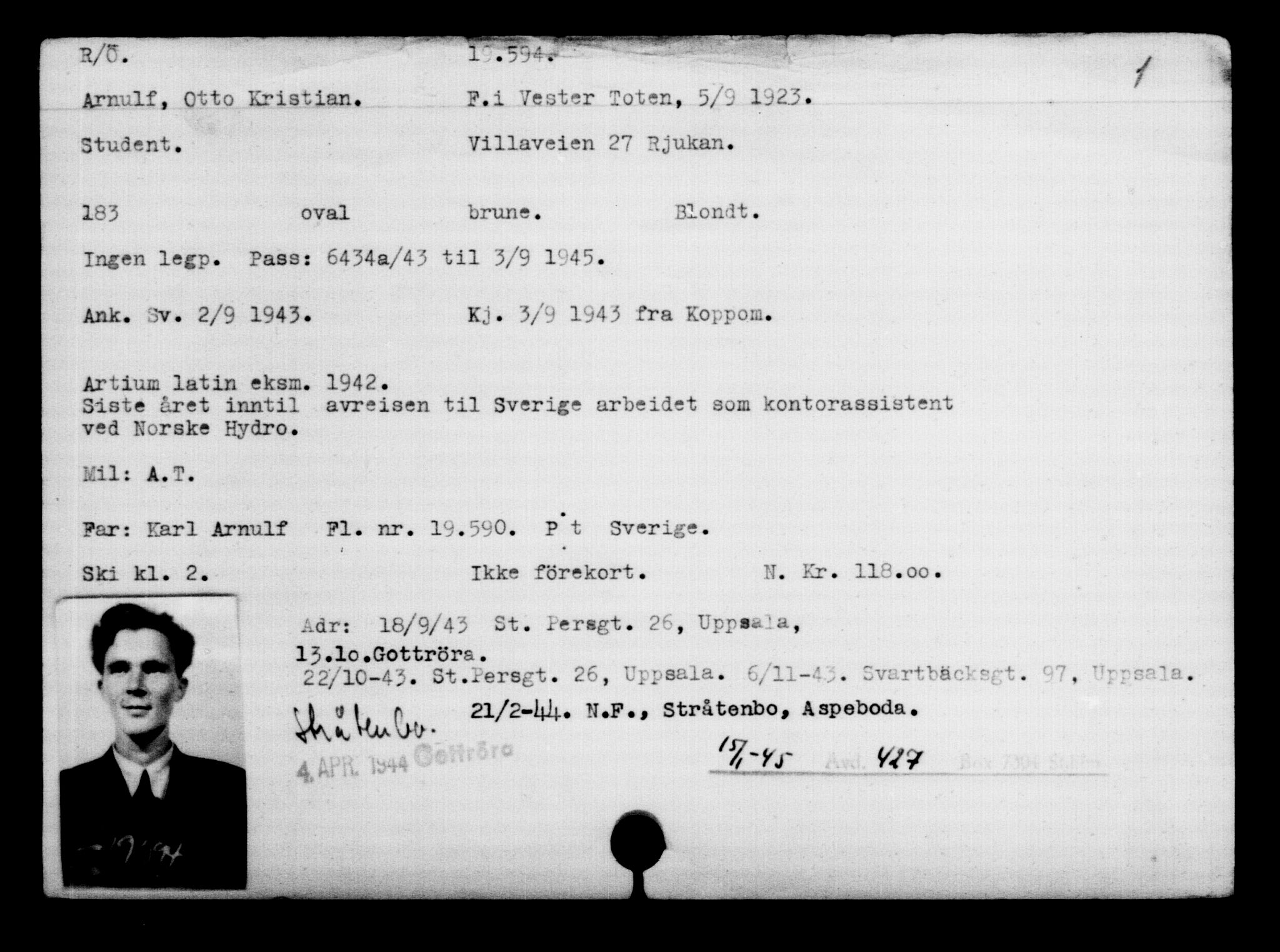 Utenriksstasjonene, Legasjonen i Stockholm, Flyktningkontoret, AV/RA-S-6753/V/Va/L0009: Kjesäterkartoteket, flyktninger med registreringsnr. 18502-22048, 1940-1945, p. 1246