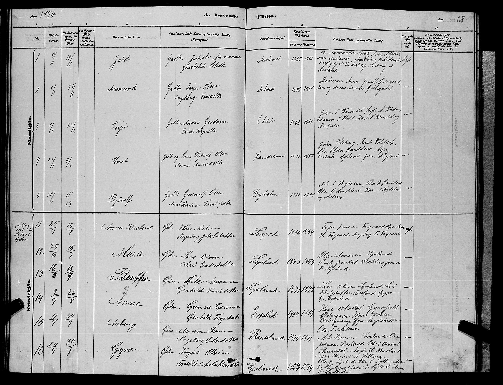 Åseral sokneprestkontor, SAK/1111-0051/F/Fb/L0002: Parish register (copy) no. B 2, 1878-1899, p. 68