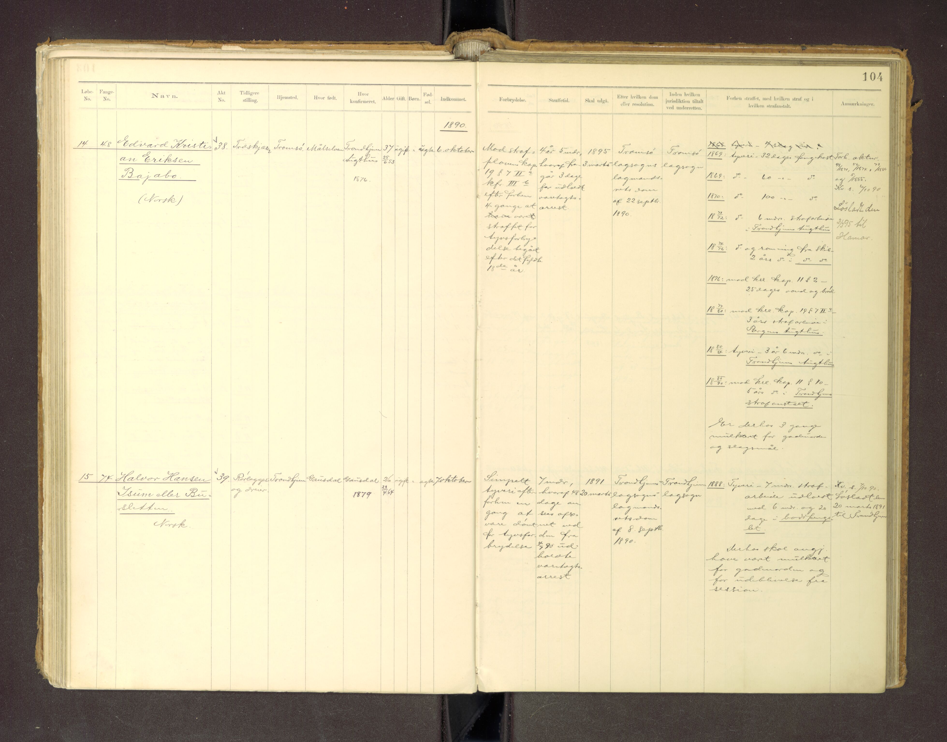 Trondheim tukthus, SAT/A-4619/05/65/L0036: 65.36 Fangeprotokoll m/reg, 1885-1898, p. 104