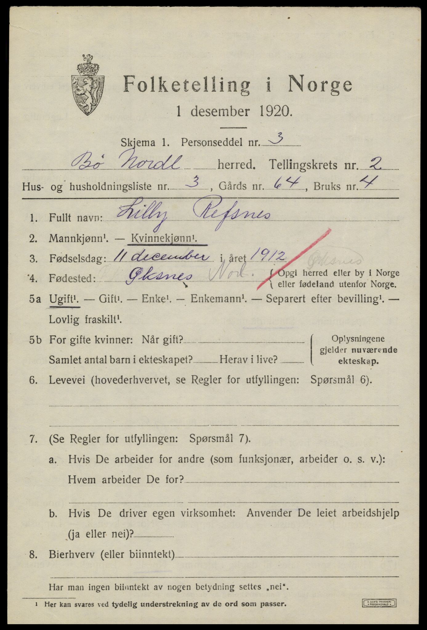 SAT, 1920 census for Bø, 1920, p. 2326