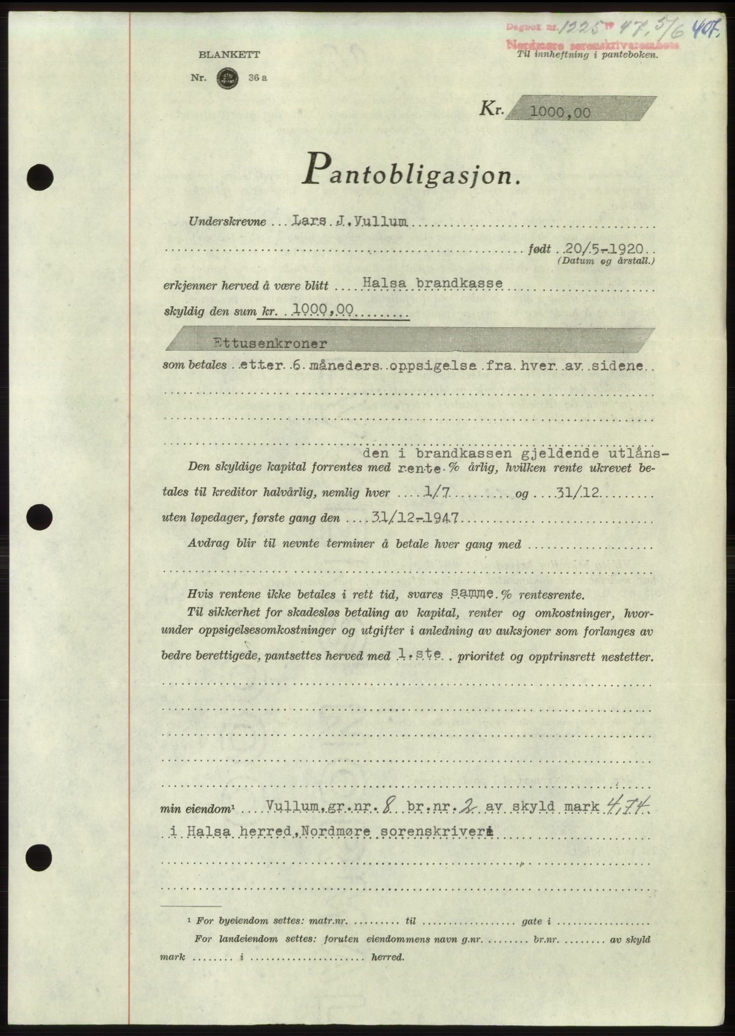 Nordmøre sorenskriveri, AV/SAT-A-4132/1/2/2Ca: Mortgage book no. B96, 1947-1947, Diary no: : 1225/1947