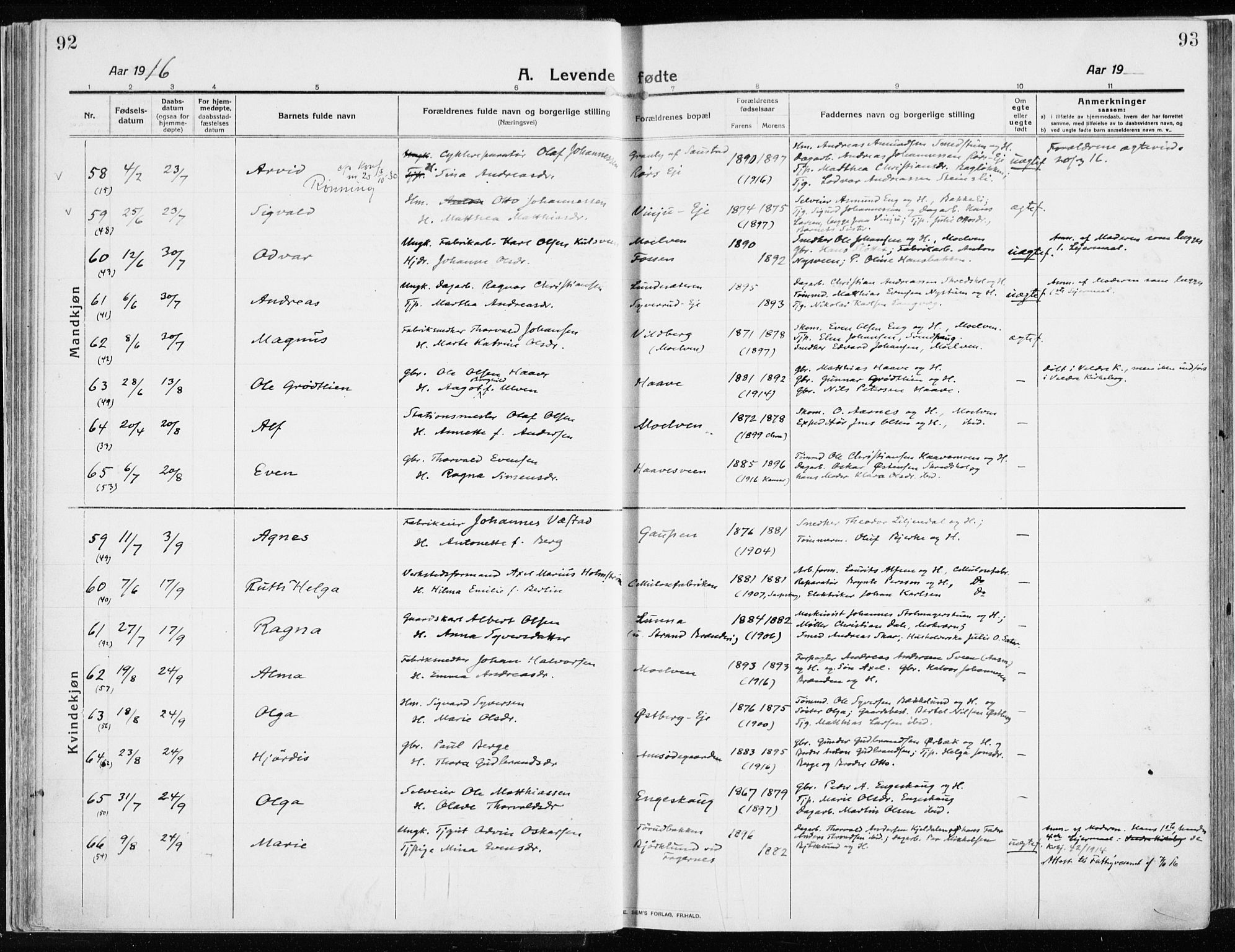 Ringsaker prestekontor, AV/SAH-PREST-014/K/Ka/L0020: Parish register (official) no. 20, 1913-1922, p. 92-93