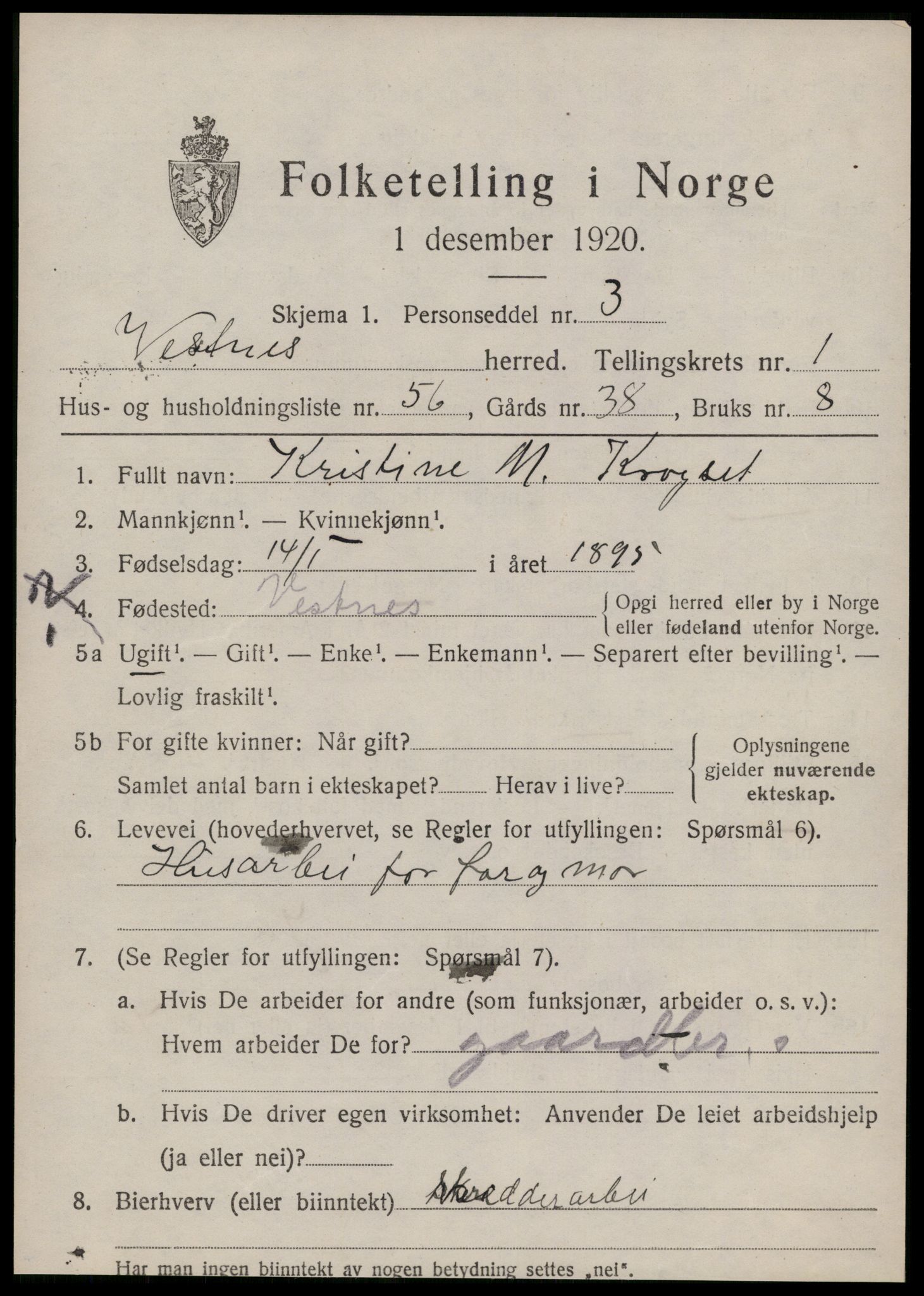 SAT, 1920 census for Vestnes, 1920, p. 1885