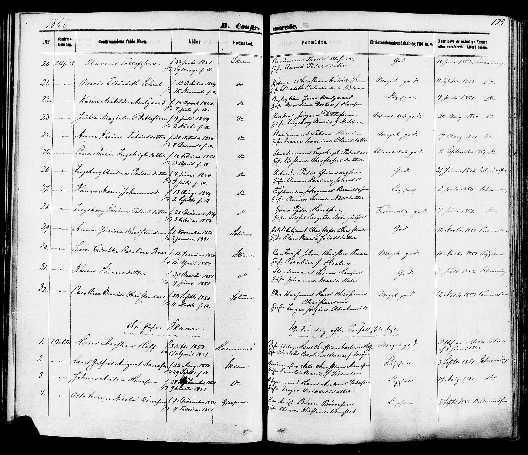 Skien kirkebøker, AV/SAKO-A-302/F/Fa/L0008: Parish register (official) no. 8, 1866-1877, p. 123