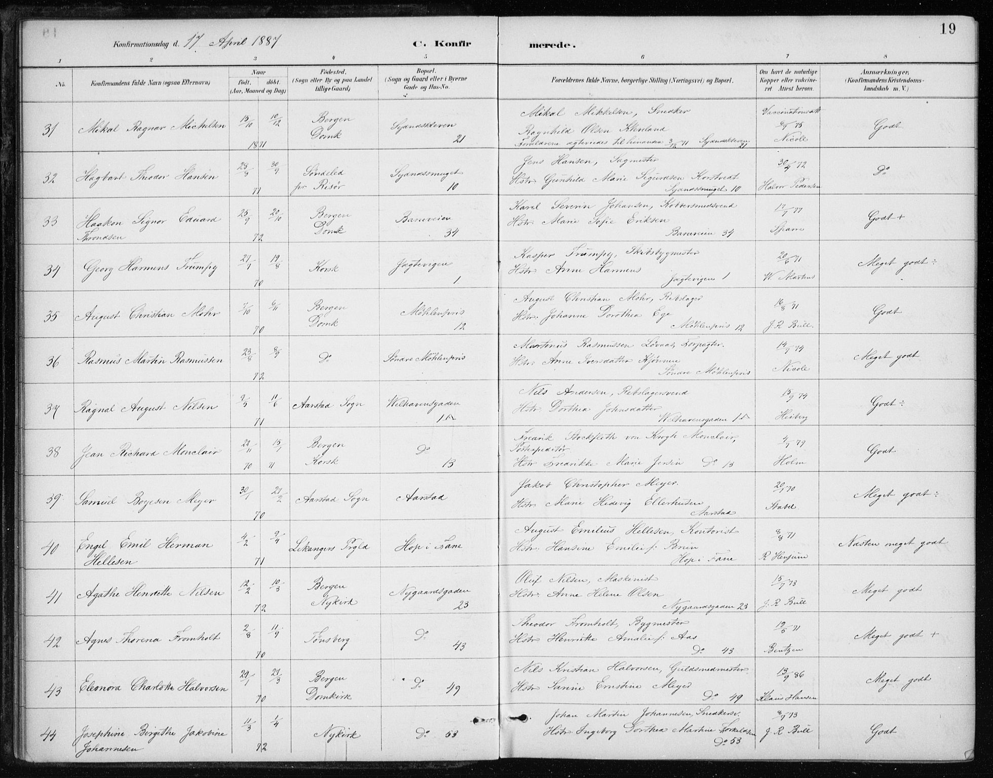 Johanneskirken sokneprestembete, SAB/A-76001/H/Haa/L0008: Parish register (official) no. C 1, 1885-1907, p. 19