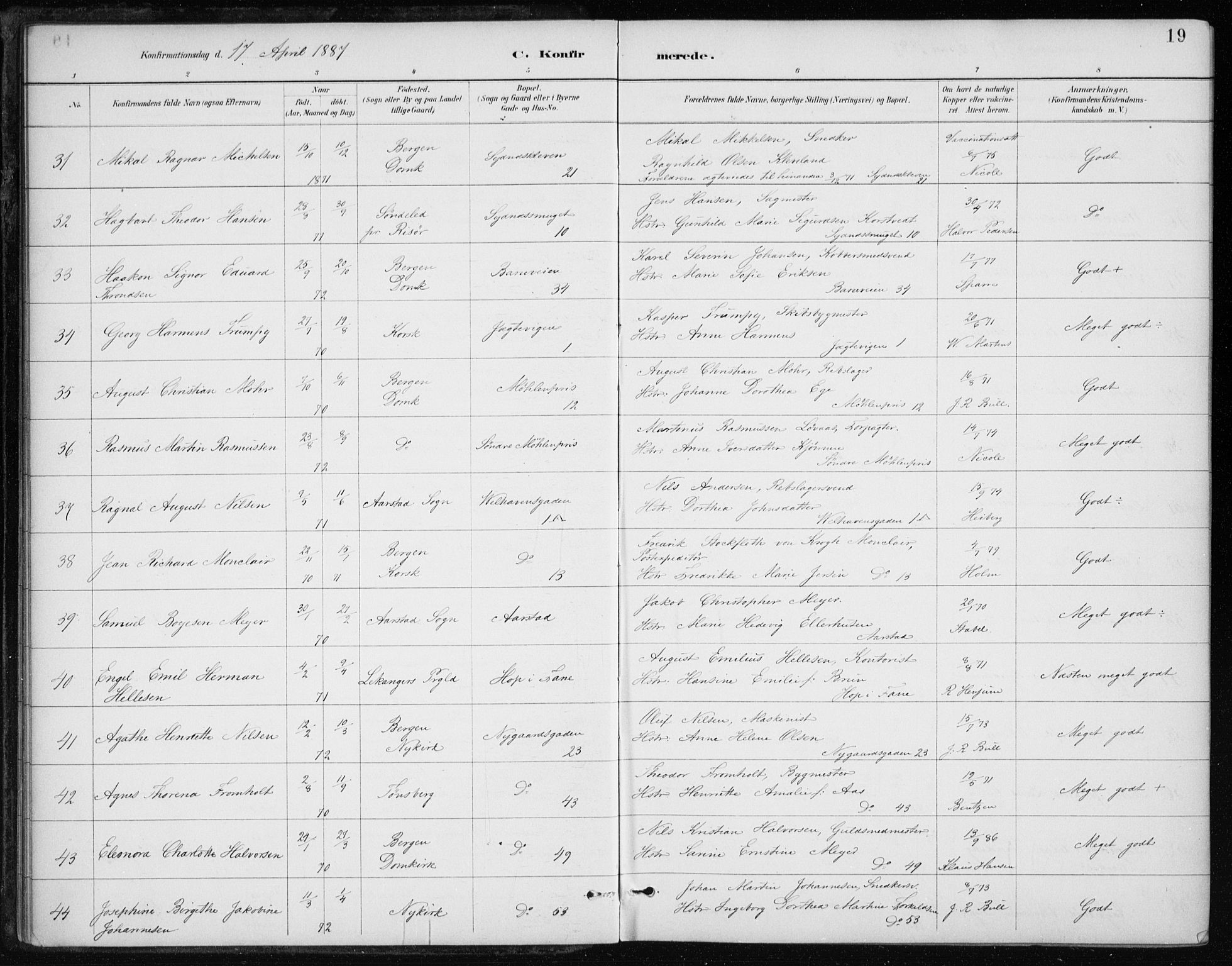 Johanneskirken sokneprestembete, AV/SAB-A-76001/H/Haa/L0008: Parish register (official) no. C 1, 1885-1907, p. 19