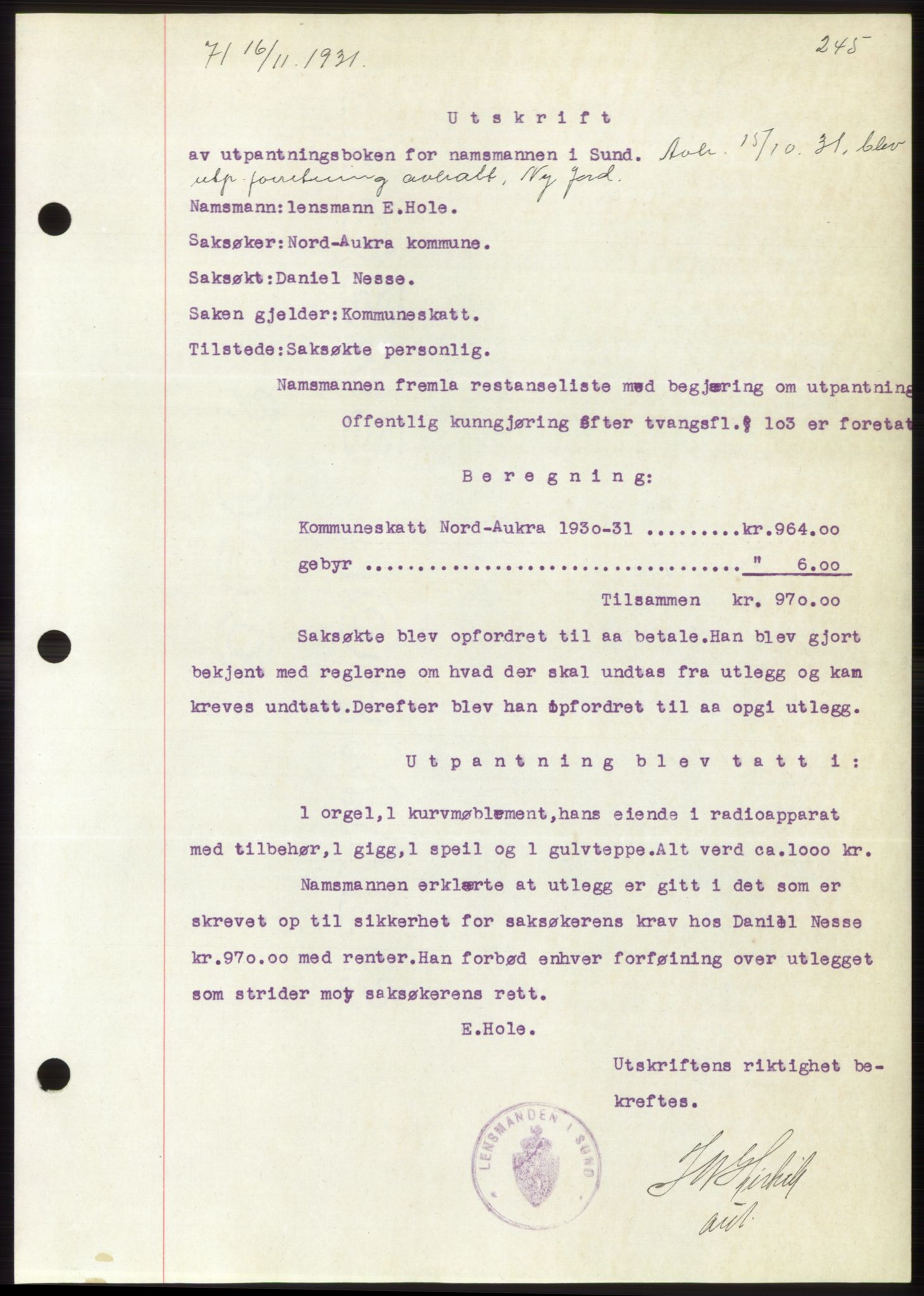 Romsdal sorenskriveri, AV/SAT-A-4149/1/2/2C/L0060: Mortgage book no. 54, 1931-1932, Deed date: 16.11.1931