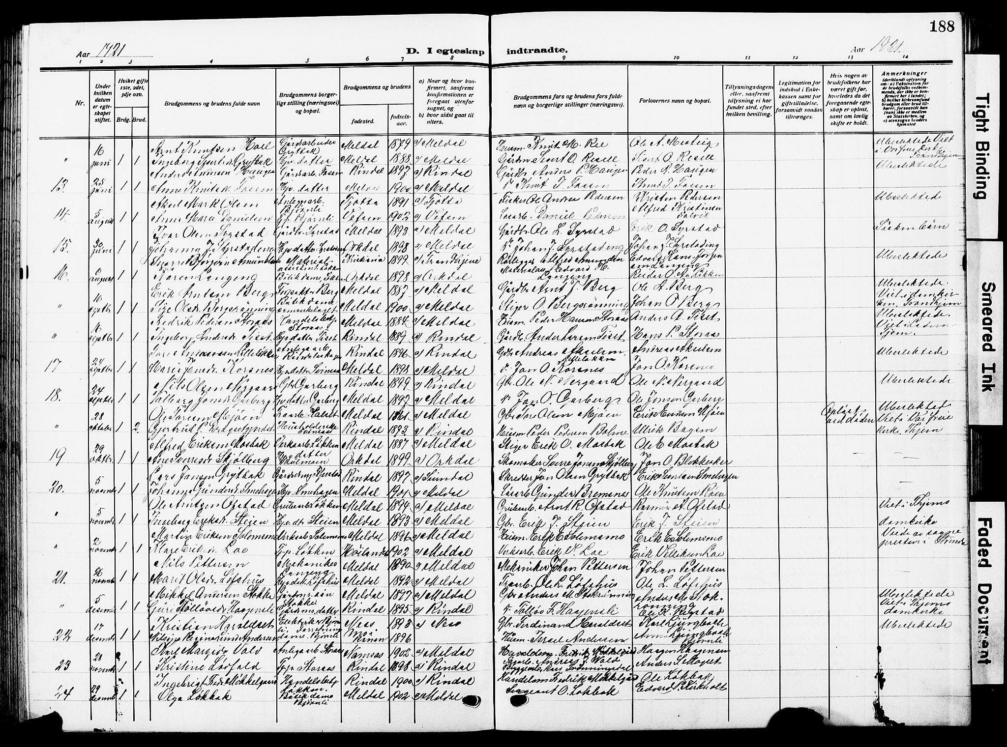 Ministerialprotokoller, klokkerbøker og fødselsregistre - Sør-Trøndelag, SAT/A-1456/672/L0865: Parish register (copy) no. 672C04, 1914-1928, p. 188