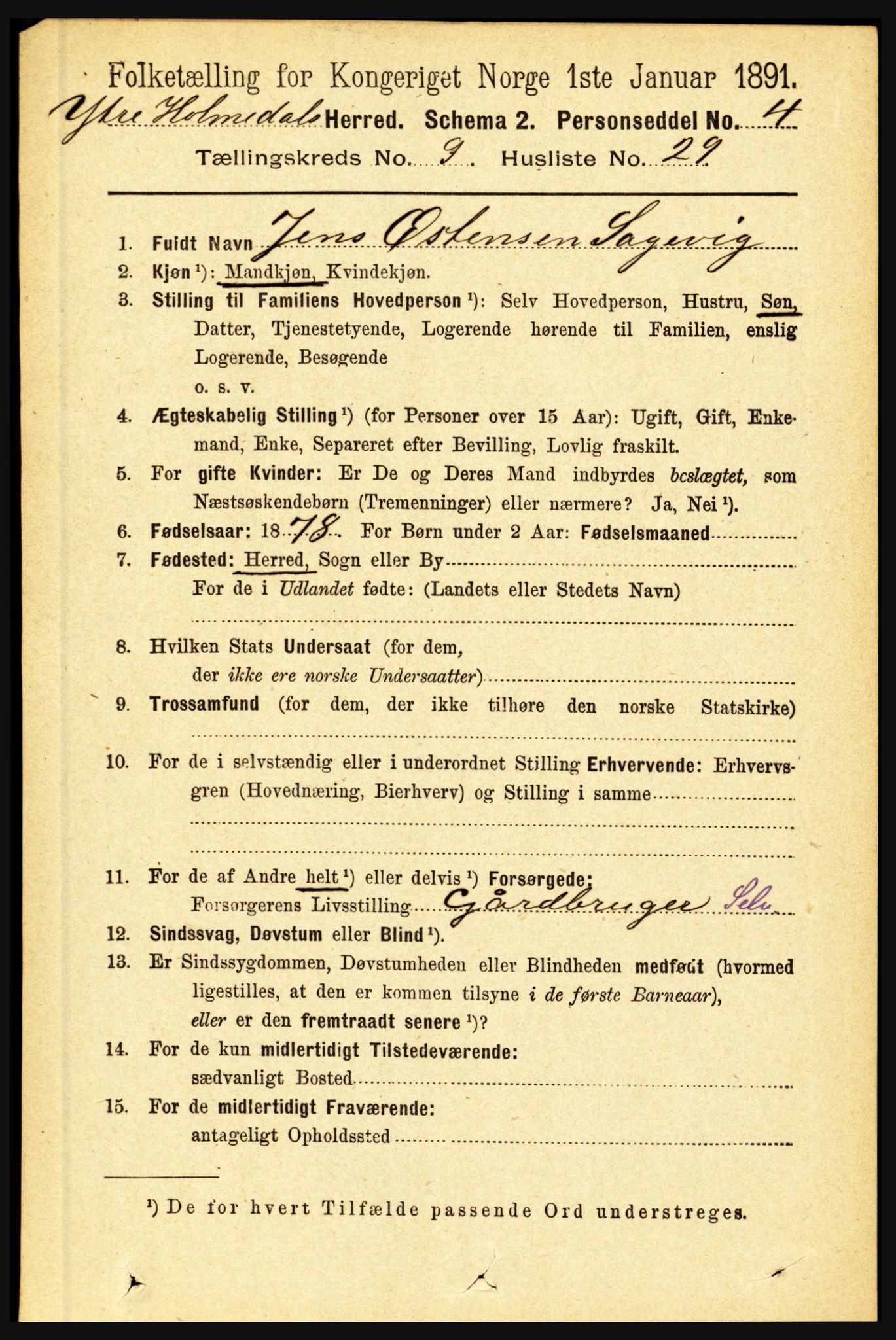 RA, 1891 census for 1429 Ytre Holmedal, 1891, p. 2221