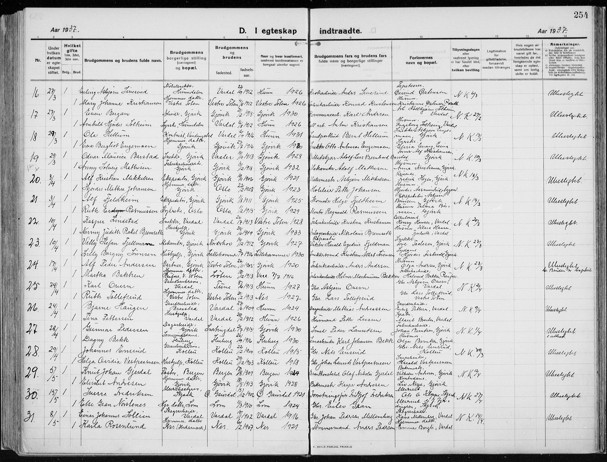 Vardal prestekontor, AV/SAH-PREST-100/H/Ha/Haa/L0015: Parish register (official) no. 15, 1923-1937, p. 254