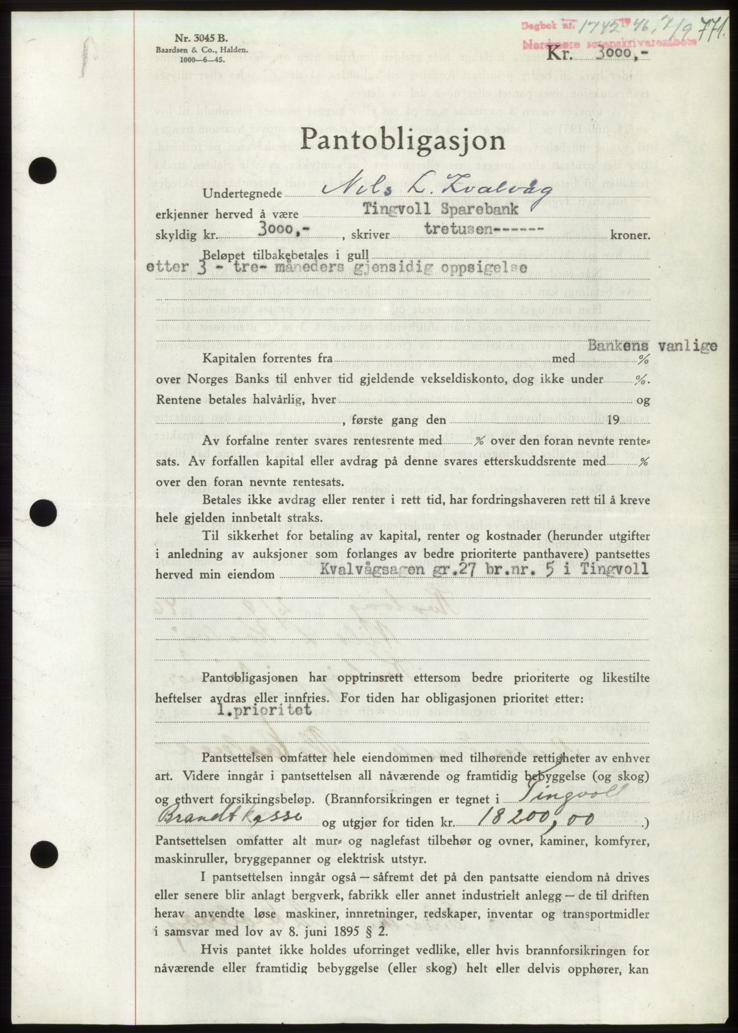 Nordmøre sorenskriveri, AV/SAT-A-4132/1/2/2Ca: Mortgage book no. B94, 1946-1946, Diary no: : 1742/1946