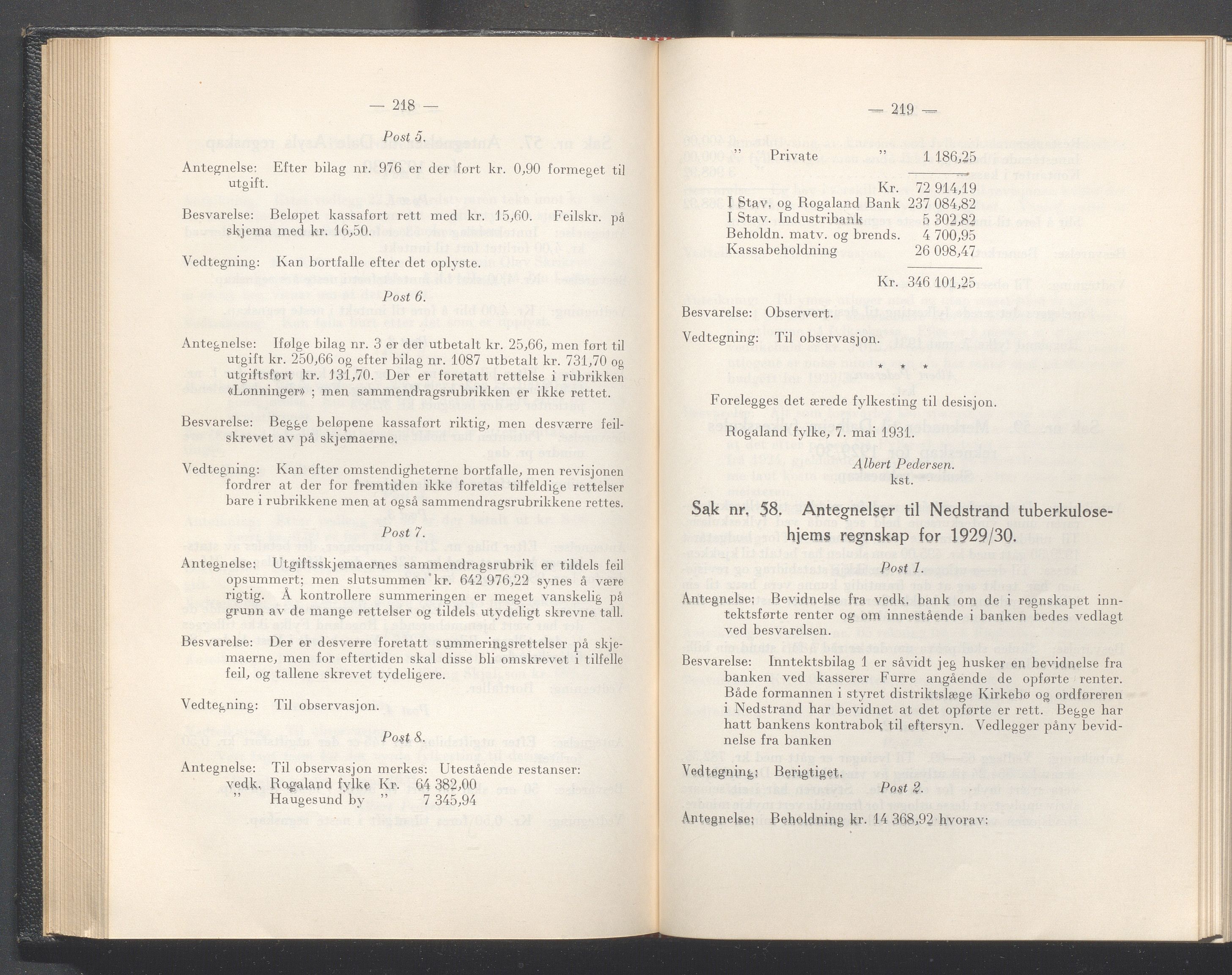 Rogaland fylkeskommune - Fylkesrådmannen , IKAR/A-900/A/Aa/Aaa/L0050: Møtebok , 1931, p. 218-219