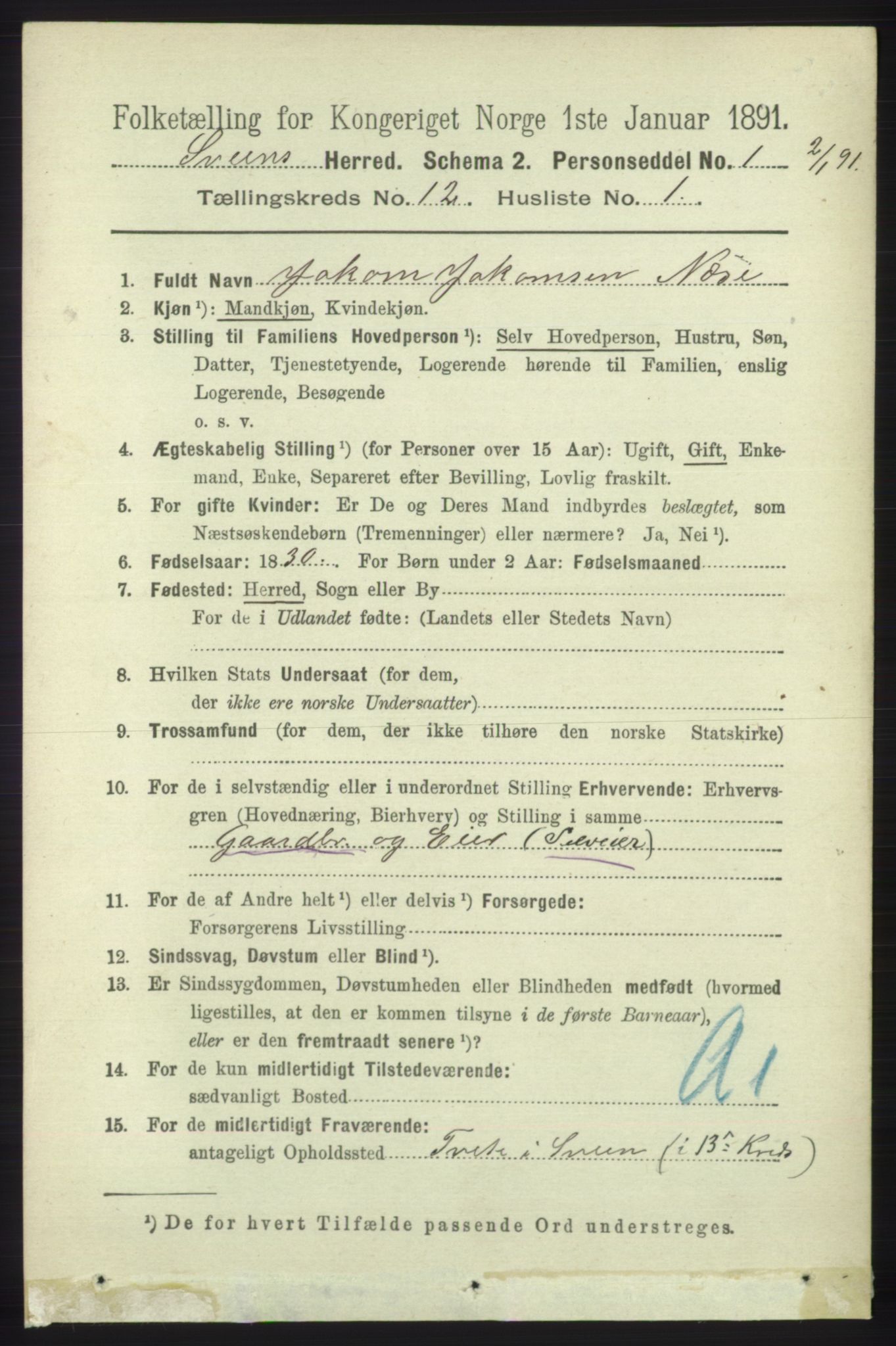 RA, 1891 census for 1216 Sveio, 1891, p. 3430