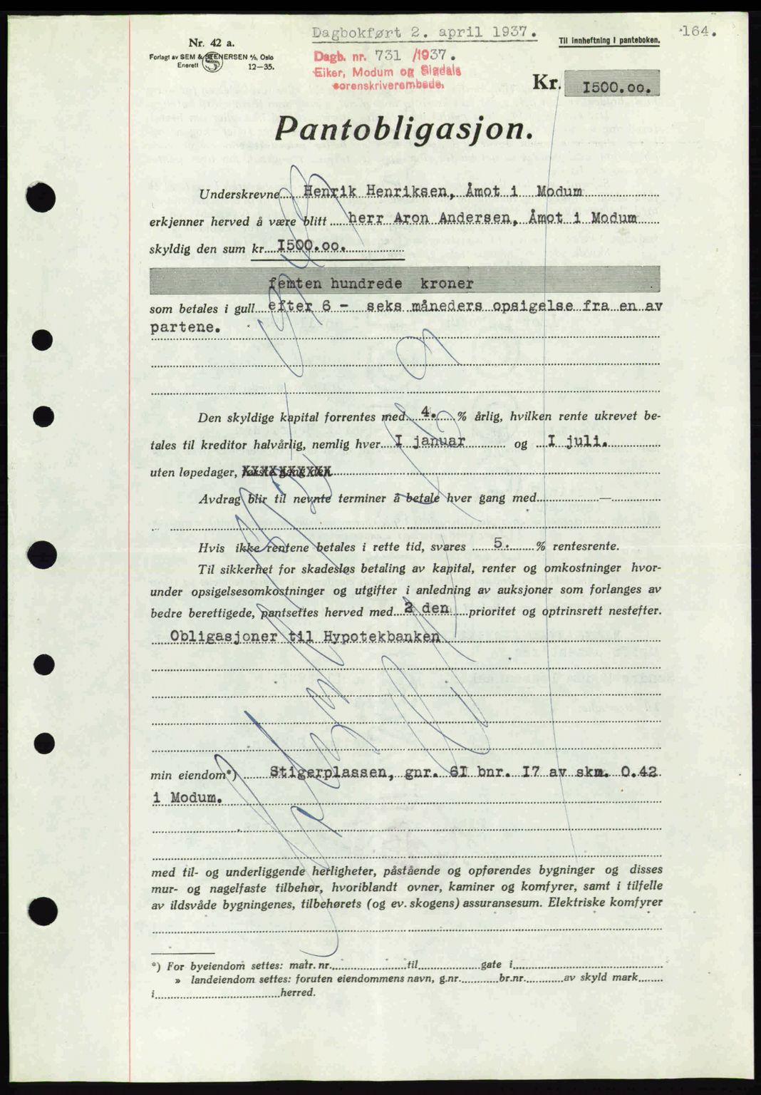 Eiker, Modum og Sigdal sorenskriveri, SAKO/A-123/G/Ga/Gab/L0035: Mortgage book no. A5, 1937-1937, Diary no: : 731/1937