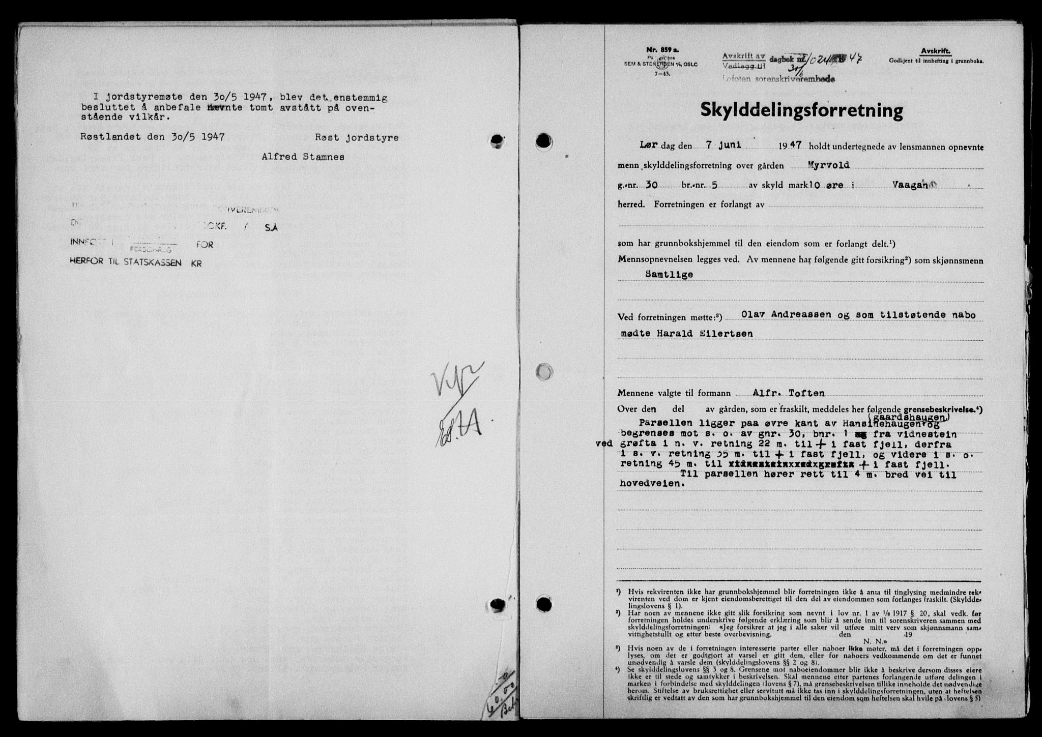 Lofoten sorenskriveri, SAT/A-0017/1/2/2C/L0016a: Mortgage book no. 16a, 1947-1947, Diary no: : 1024/1947