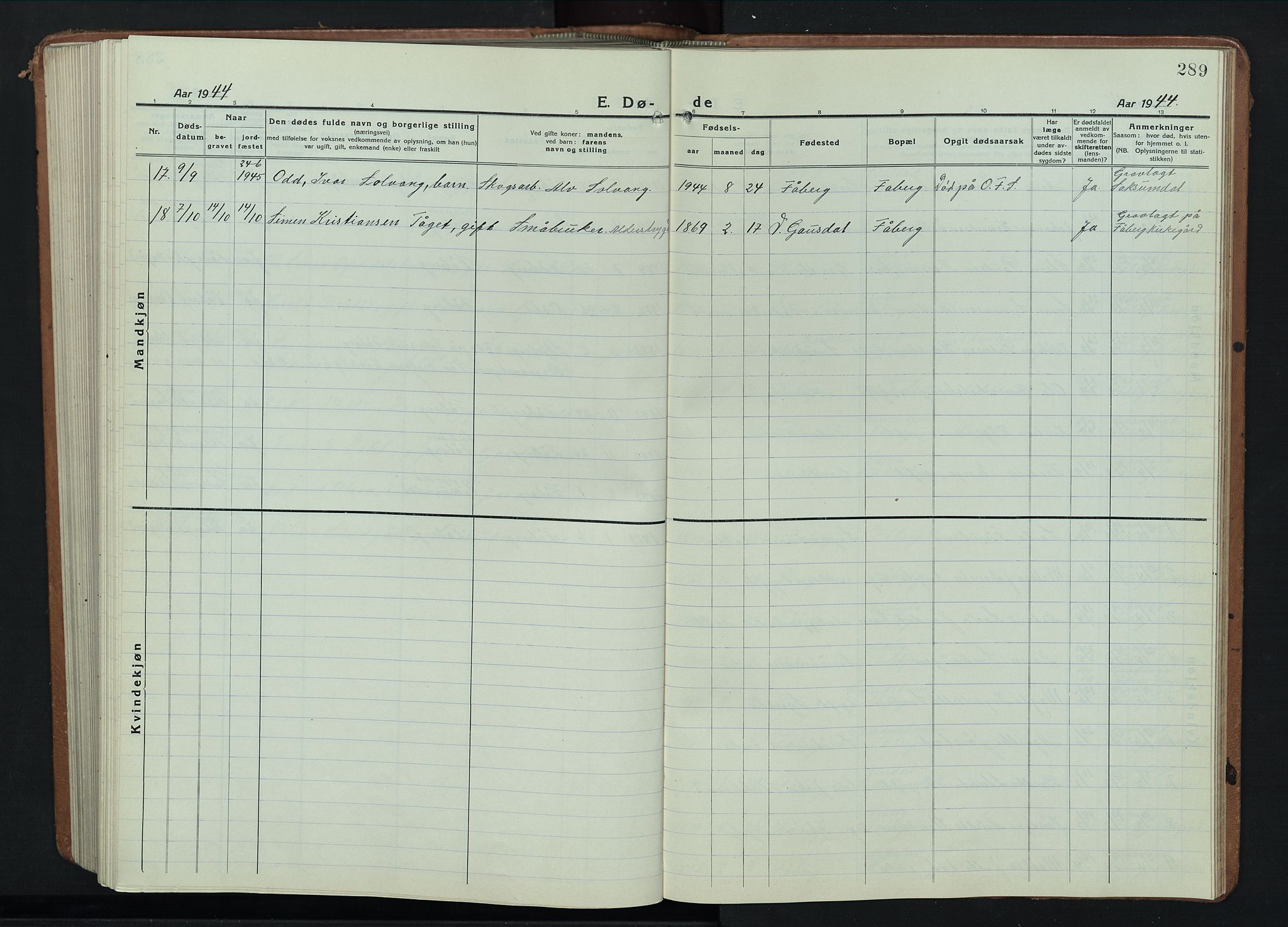 Fåberg prestekontor, SAH/PREST-086/H/Ha/Hab/L0014: Parish register (copy) no. 14, 1922-1946, p. 289