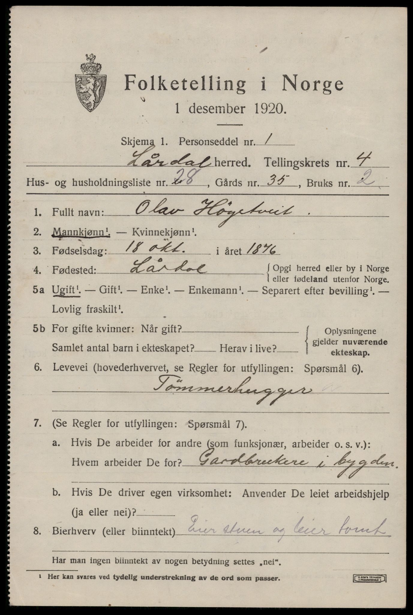 SAKO, 1920 census for Lårdal, 1920, p. 2399