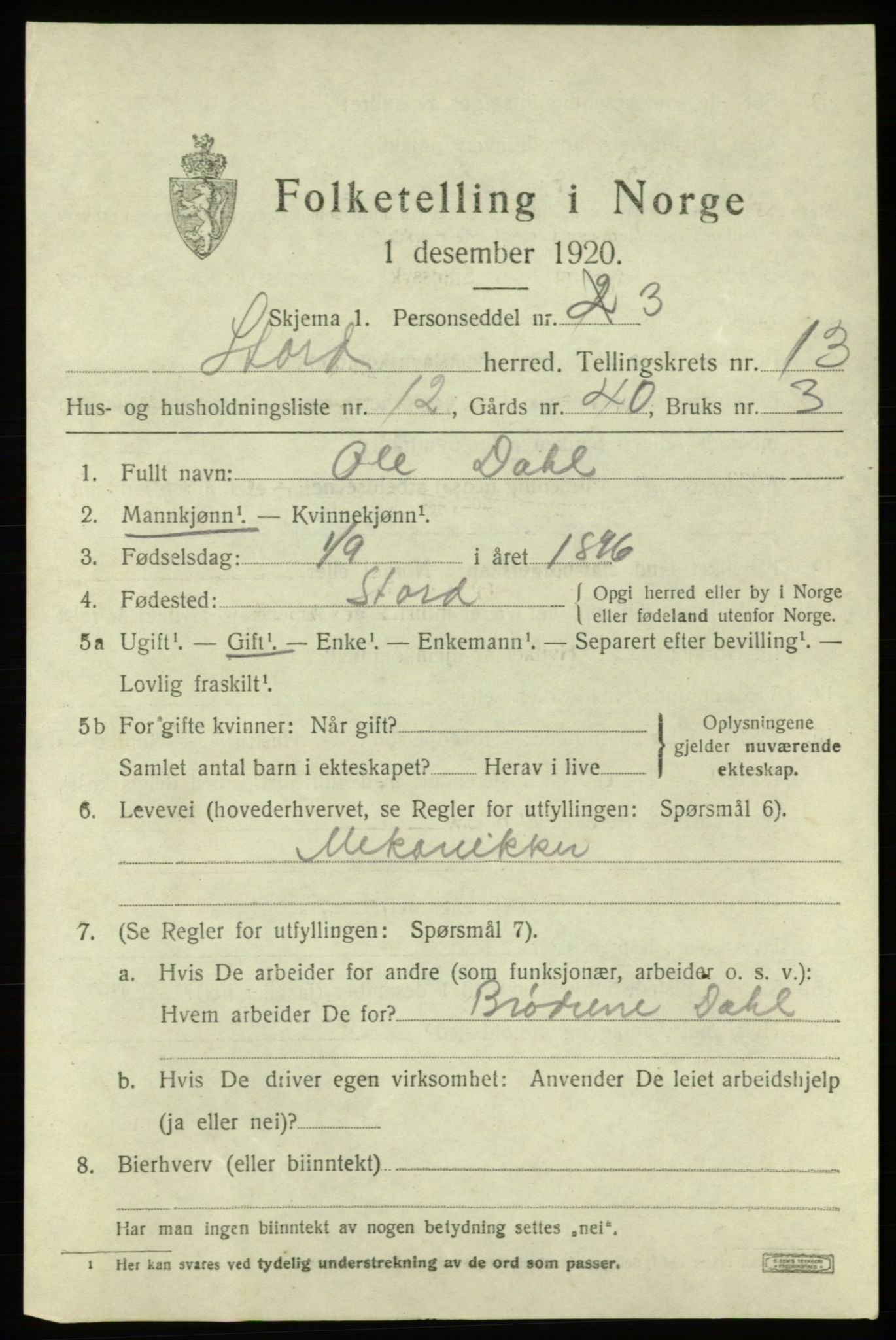 SAB, 1920 census for Stord, 1920, p. 7569