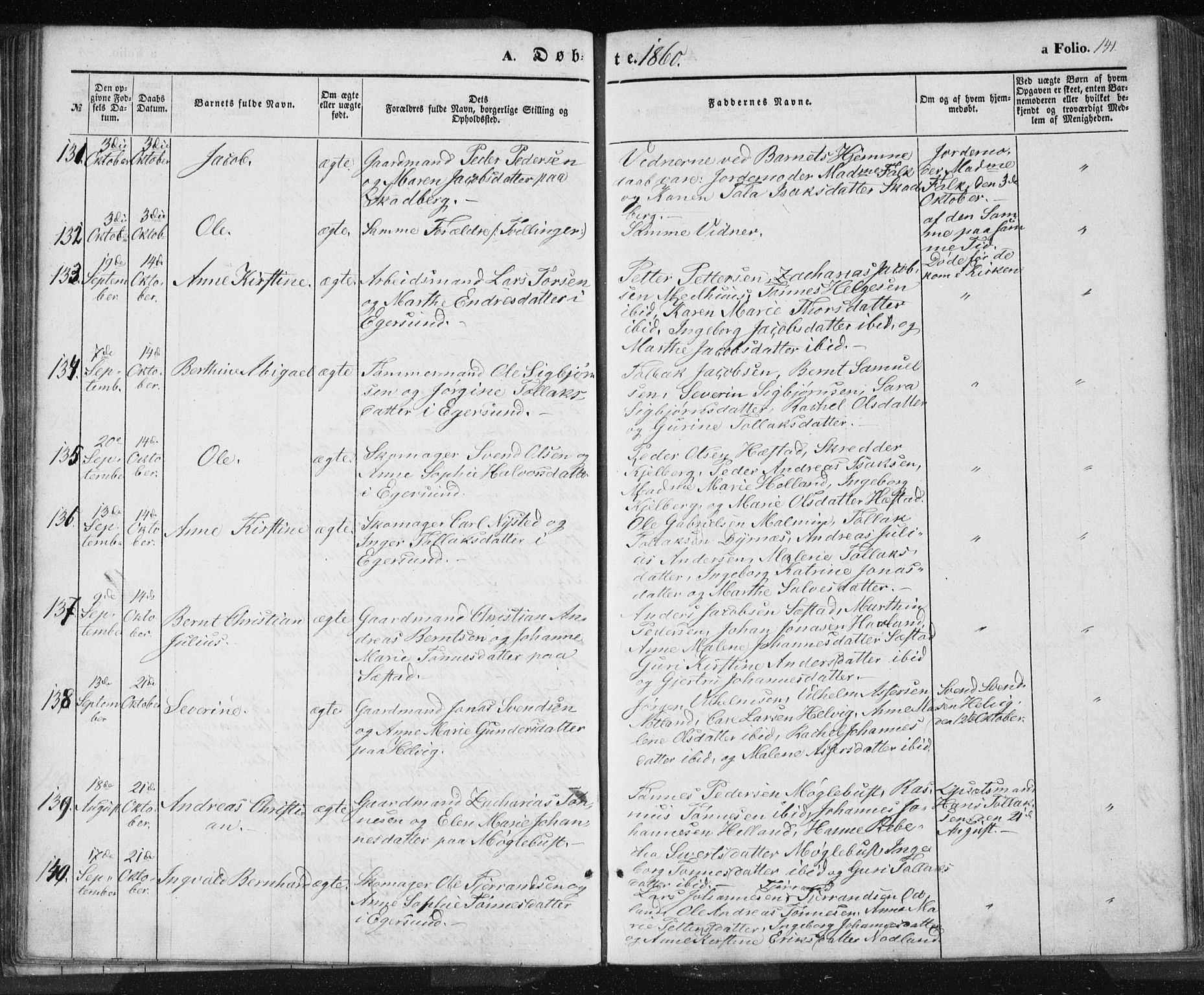 Eigersund sokneprestkontor, AV/SAST-A-101807/S08/L0012: Parish register (official) no. A 12.1, 1850-1865, p. 141