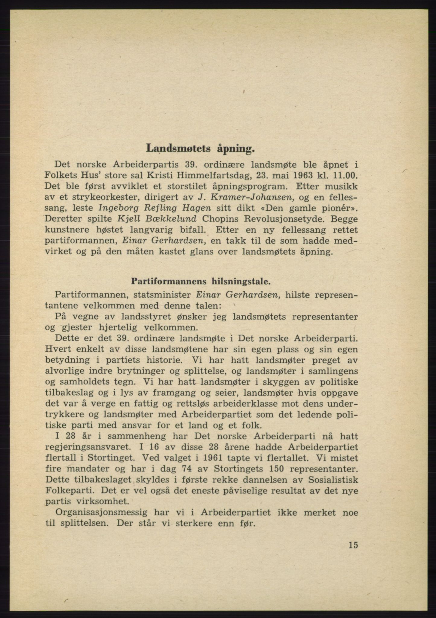 Det norske Arbeiderparti - publikasjoner, AAB/-/-/-: Protokoll over forhandlingene på det 39. ordinære landsmøte 23.-25. mai 1963 i Oslo, 1963, p. 15