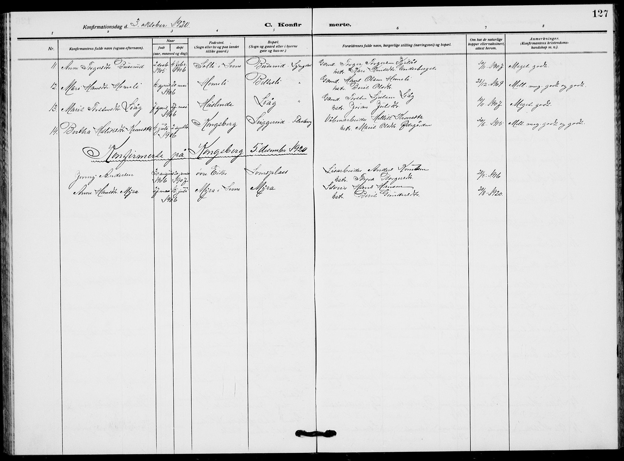 Flesberg kirkebøker, AV/SAKO-A-18/G/Ga/L0006: Parish register (copy) no. I 6, 1909-1924, p. 127