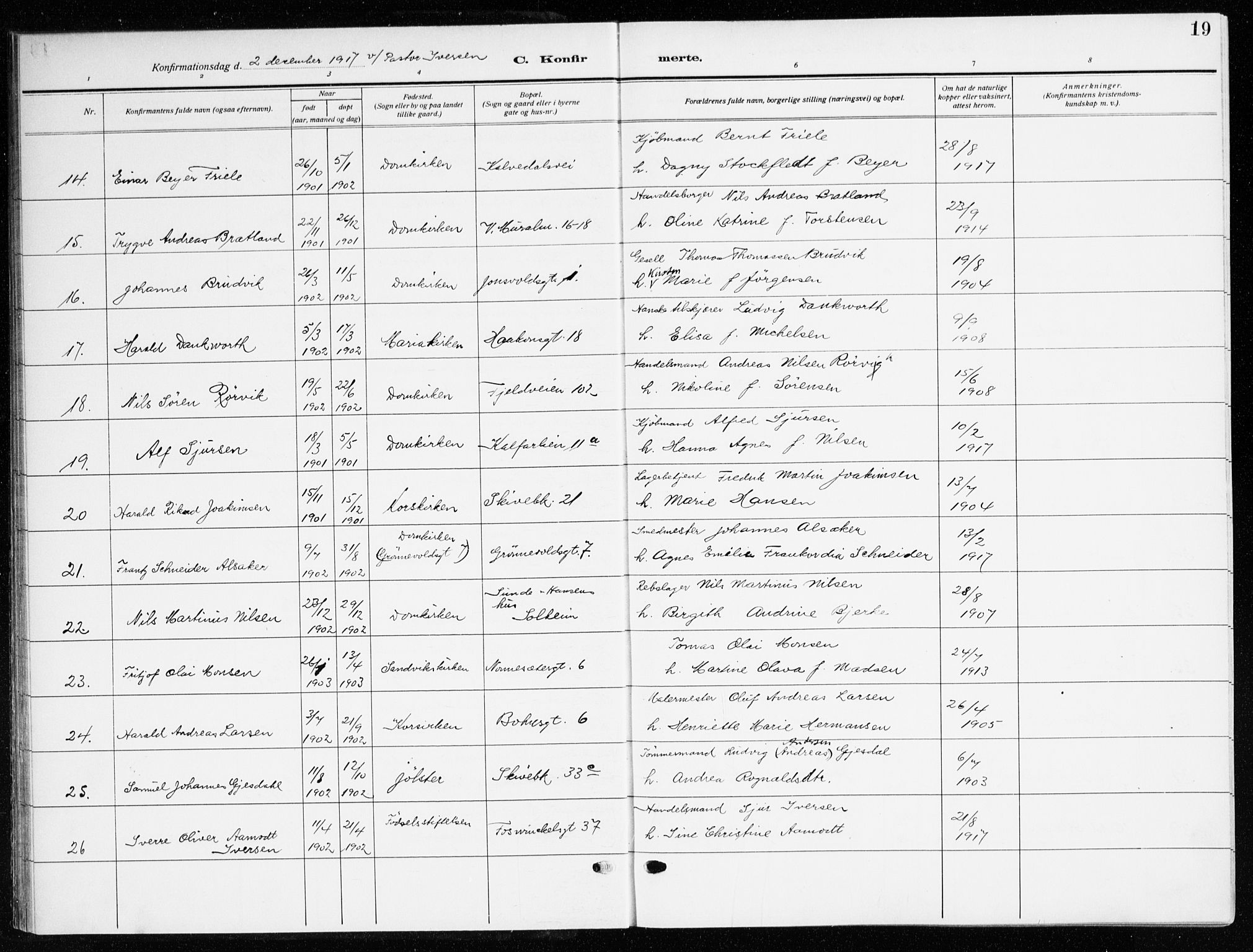 Domkirken sokneprestembete, AV/SAB-A-74801/H/Haa/L0032: Parish register (official) no. C 7, 1915-1930, p. 19