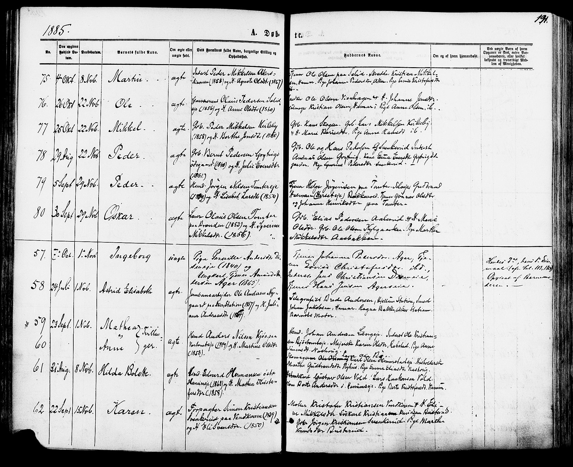 Vang prestekontor, Hedmark, SAH/PREST-008/H/Ha/Haa/L0015: Parish register (official) no. 15, 1871-1885, p. 191