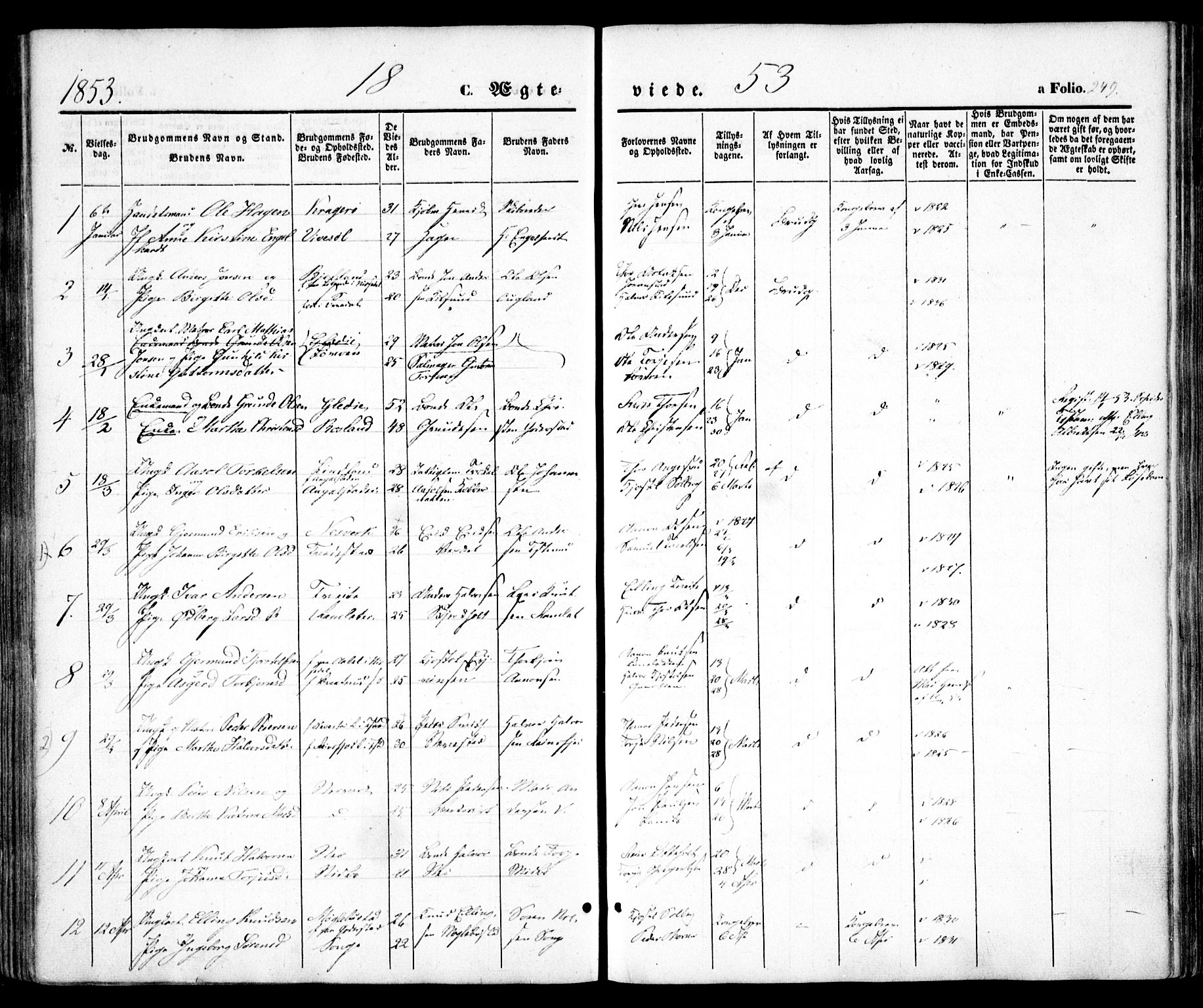 Holt sokneprestkontor, AV/SAK-1111-0021/F/Fa/L0008: Parish register (official) no. A 8, 1849-1860, p. 249