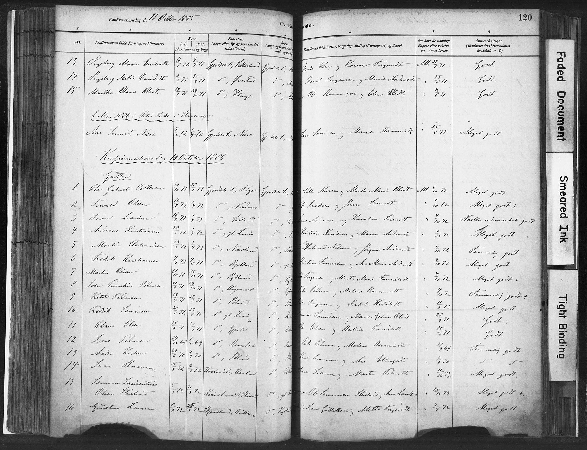 Lye sokneprestkontor, SAST/A-101794/001/30BA/L0010: Parish register (official) no. A 10, 1881-1896, p. 120