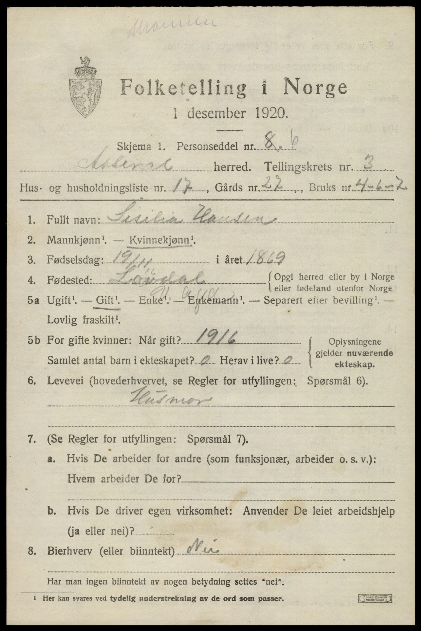 SAK, 1920 census for Åseral, 1920, p. 1156