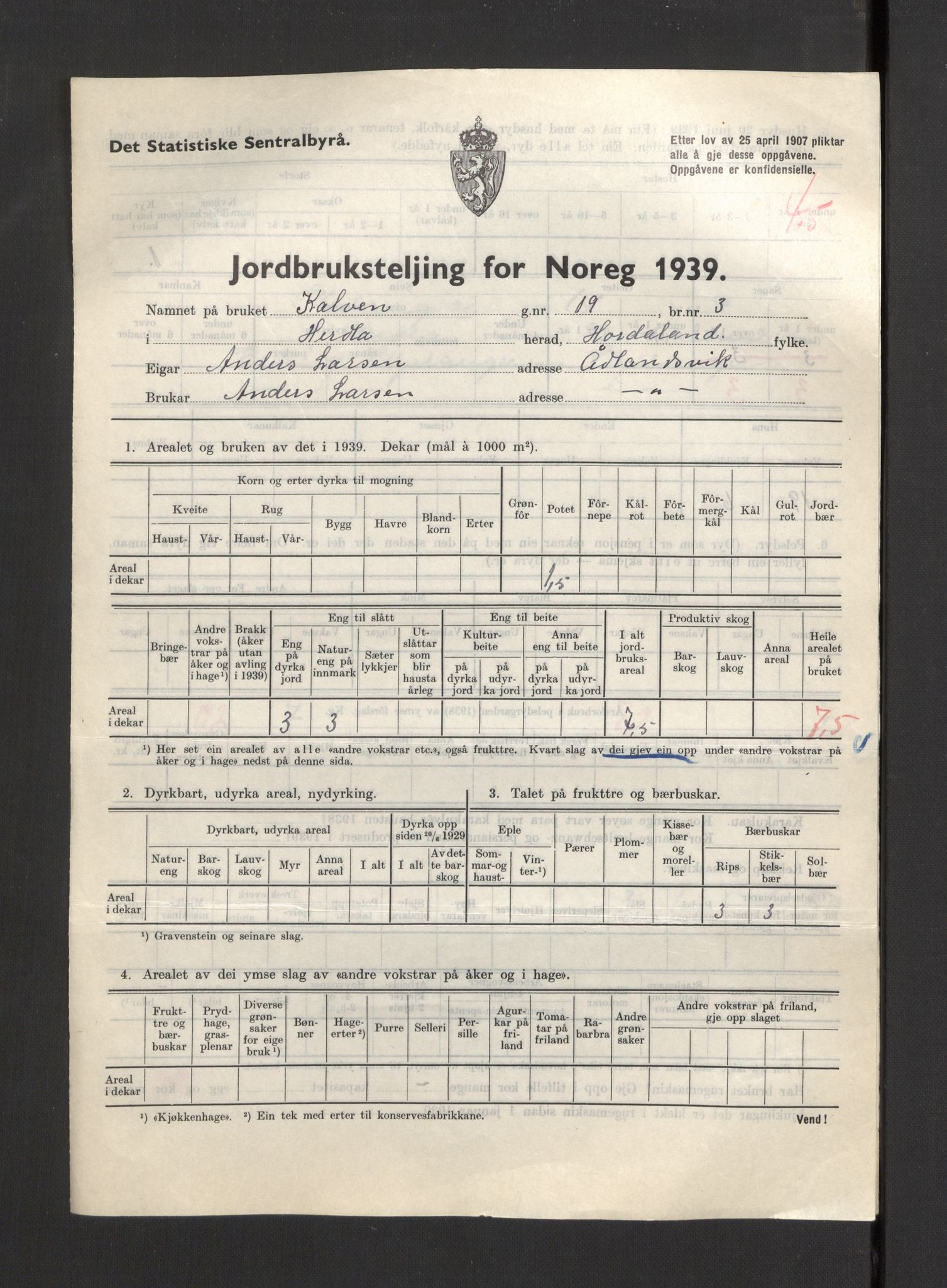 Statistisk sentralbyrå, Næringsøkonomiske emner, Jordbruk, skogbruk, jakt, fiske og fangst, AV/RA-S-2234/G/Gb/L0211: Hordaland: Herdla, Hjelme og Manger, 1939, p. 363