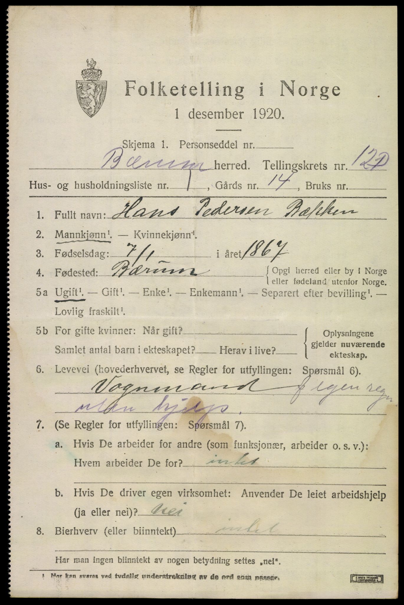 SAO, 1920 census for Bærum, 1920, p. 30392