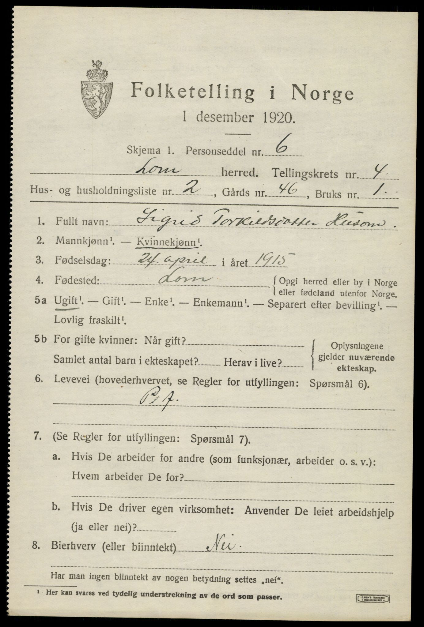 SAH, 1920 census for Lom, 1920, p. 2600
