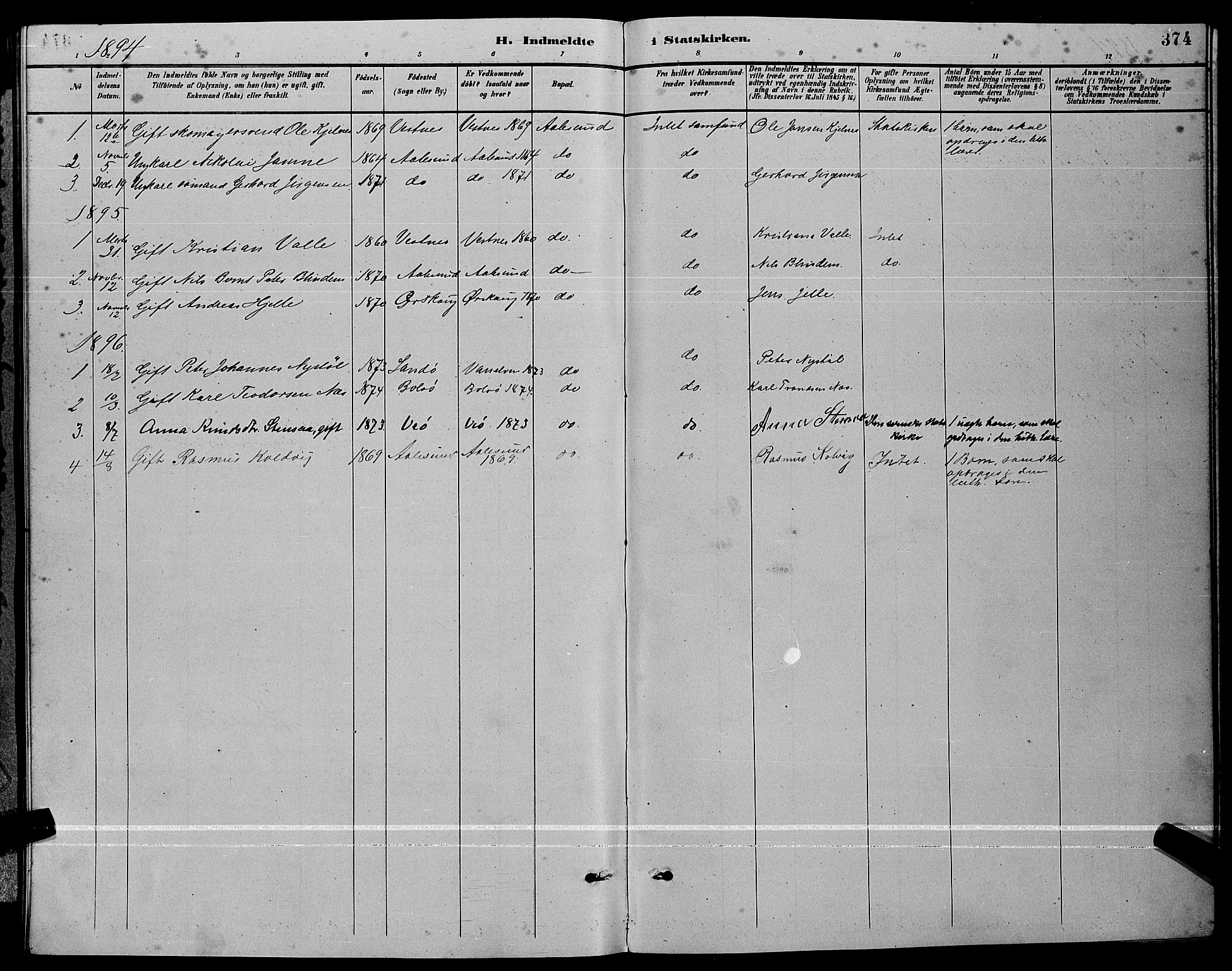 Ministerialprotokoller, klokkerbøker og fødselsregistre - Møre og Romsdal, AV/SAT-A-1454/529/L0467: Parish register (copy) no. 529C04, 1889-1897, p. 374