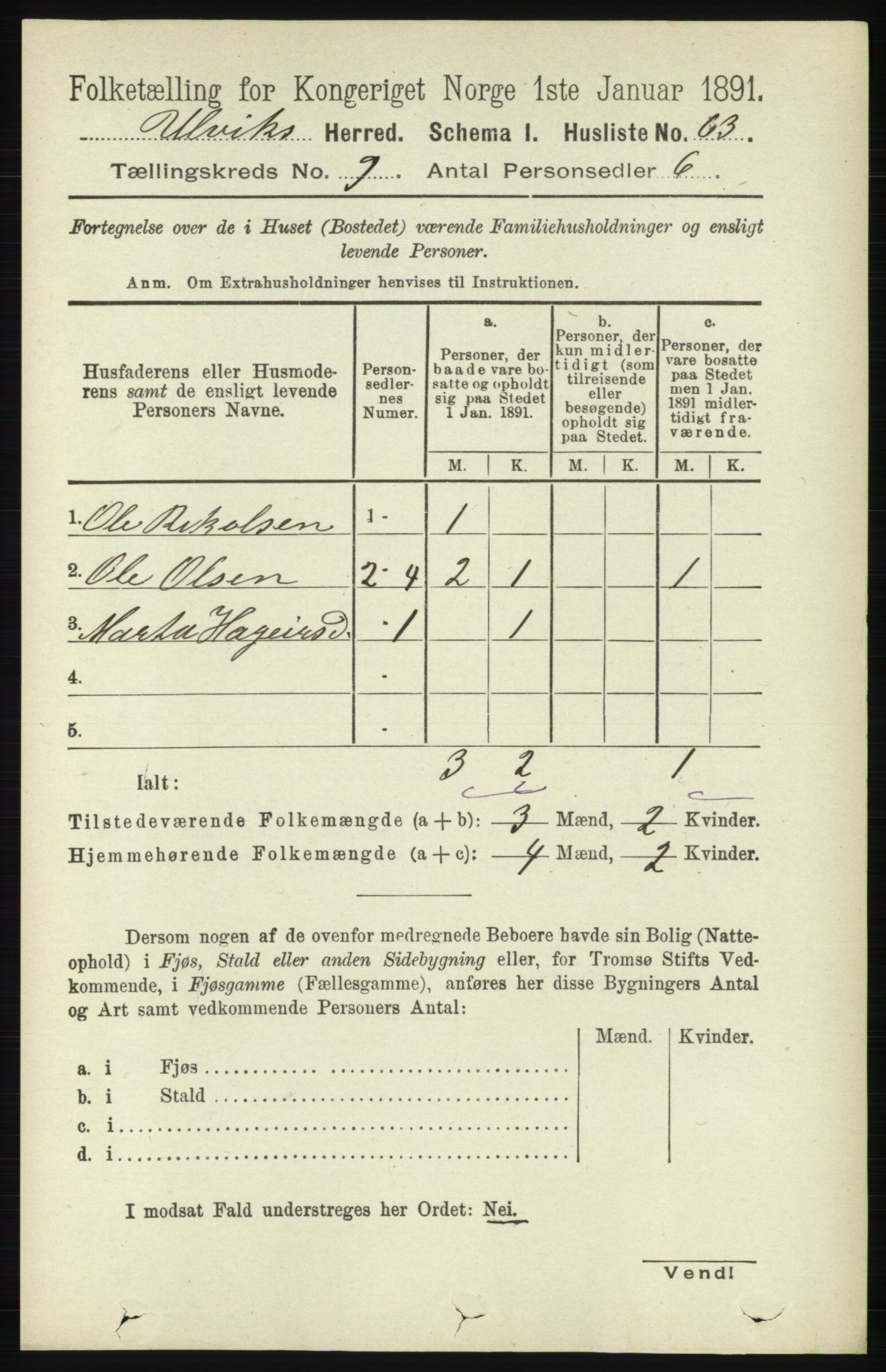 RA, 1891 census for 1233 Ulvik, 1891, p. 2863