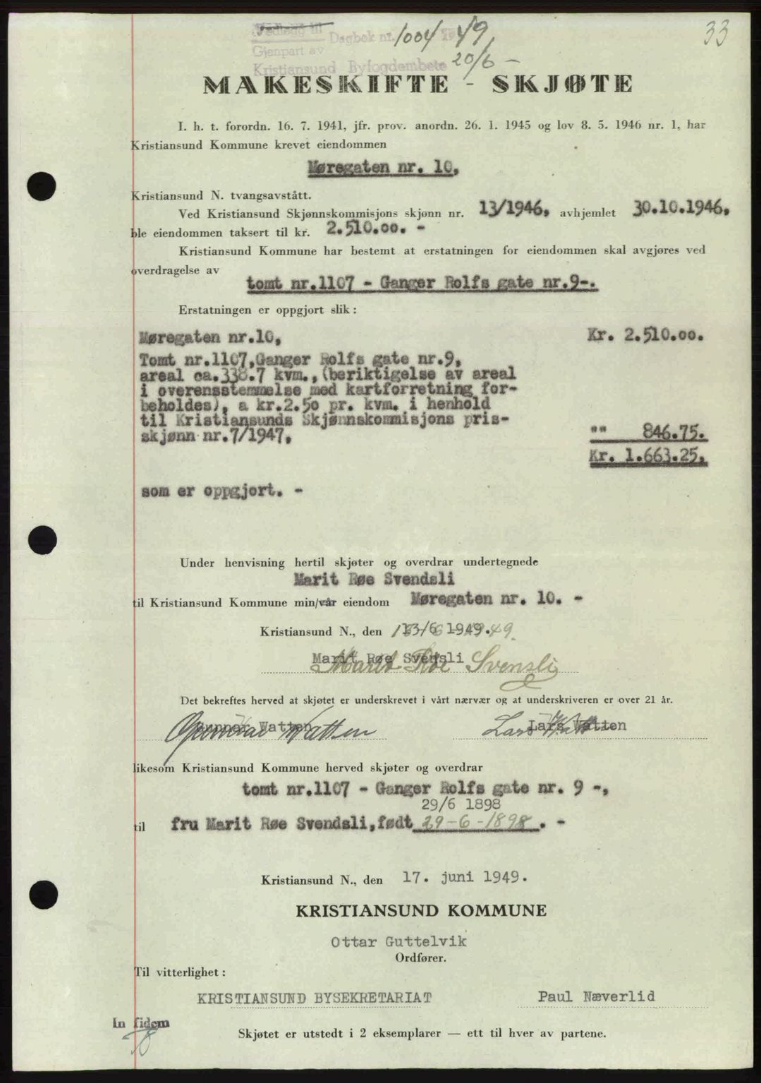 Kristiansund byfogd, AV/SAT-A-4587/A/27: Mortgage book no. 46, 1949-1950, Diary no: : 1004/1949