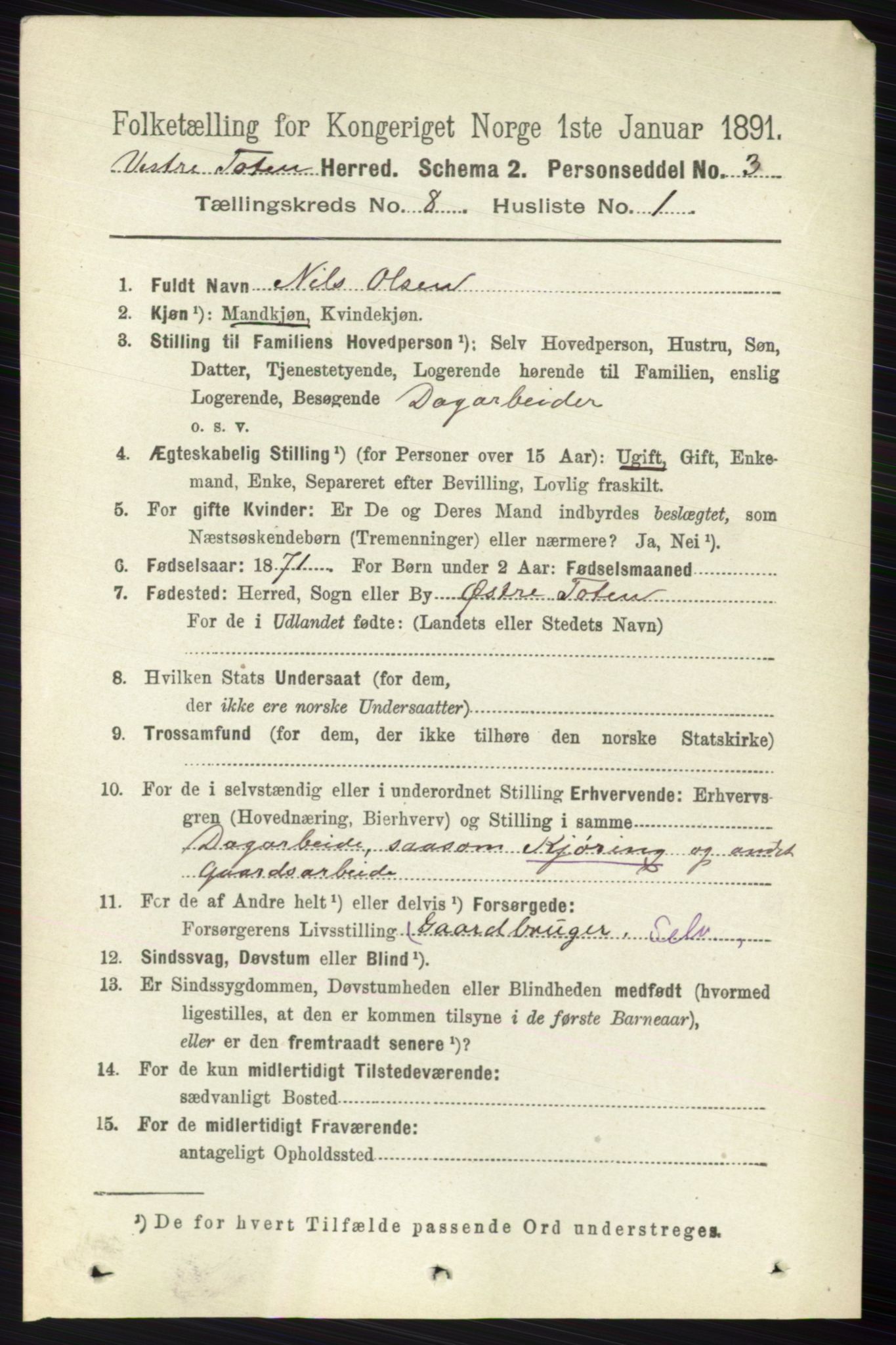 RA, 1891 census for 0529 Vestre Toten, 1891, p. 5004