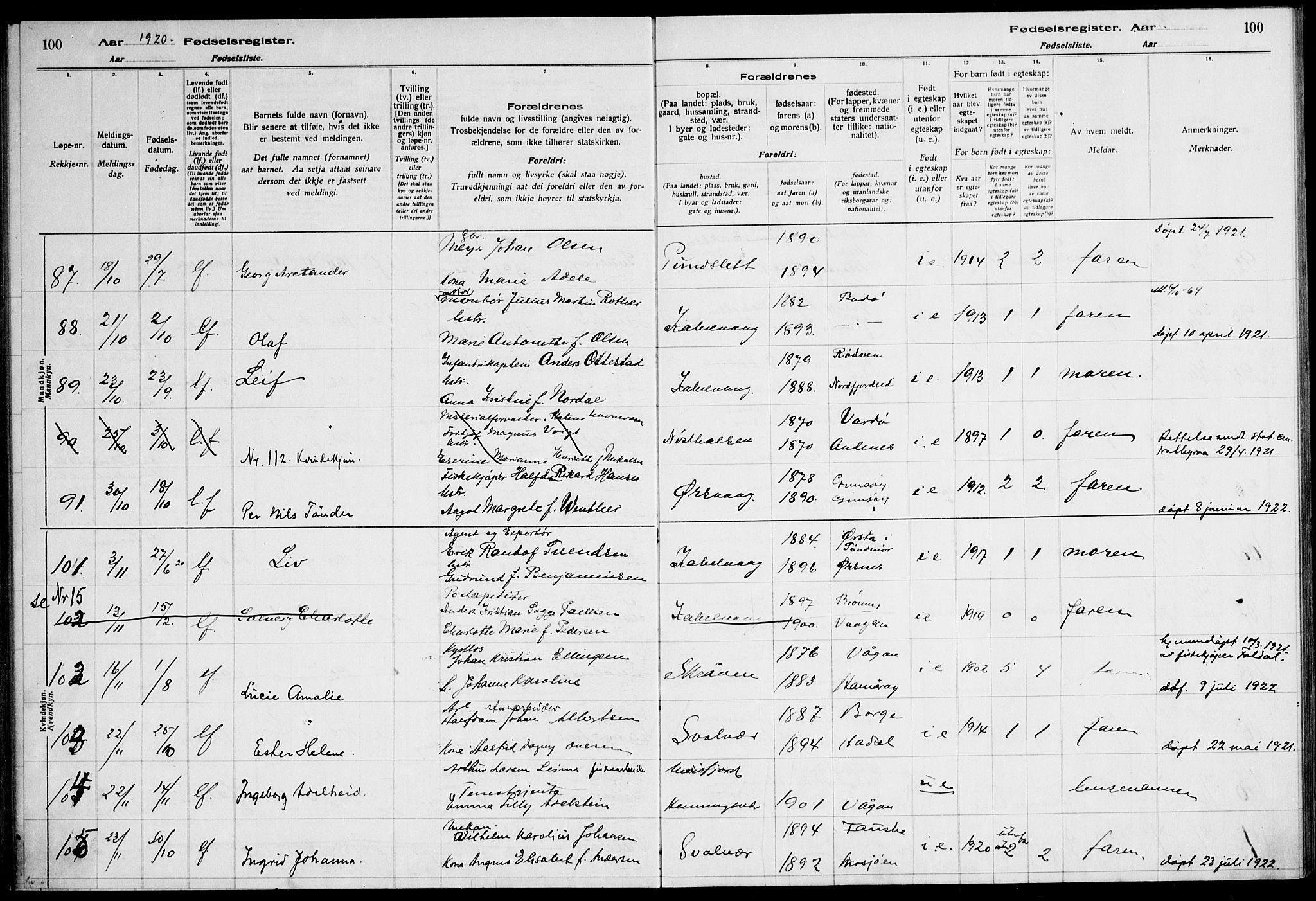 Ministerialprotokoller, klokkerbøker og fødselsregistre - Nordland, AV/SAT-A-1459/874/L1089: Birth register no. 874.II.4.1, 1916-1926, p. 100