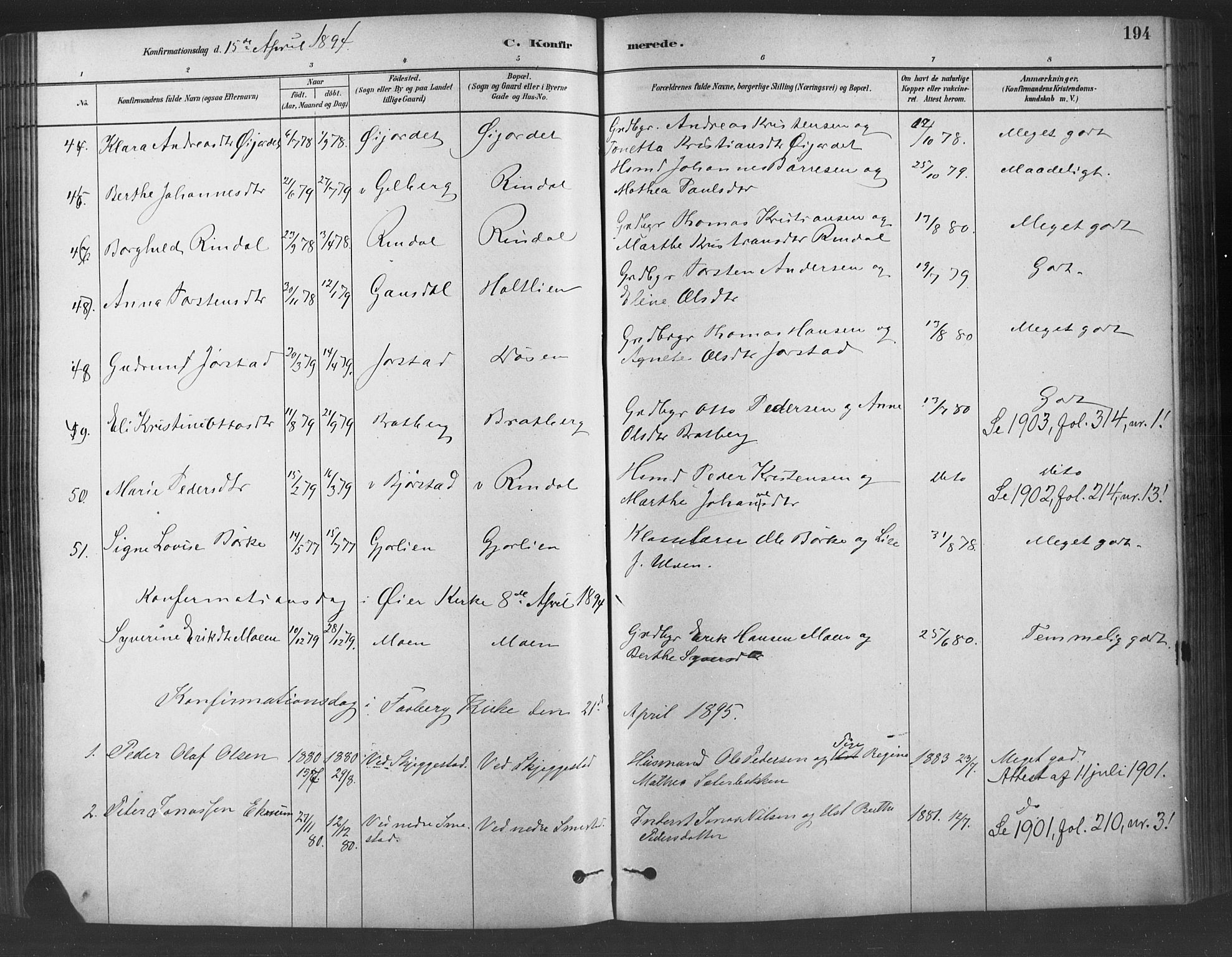 Fåberg prestekontor, SAH/PREST-086/H/Ha/Haa/L0009: Parish register (official) no. 9, 1879-1898, p. 194