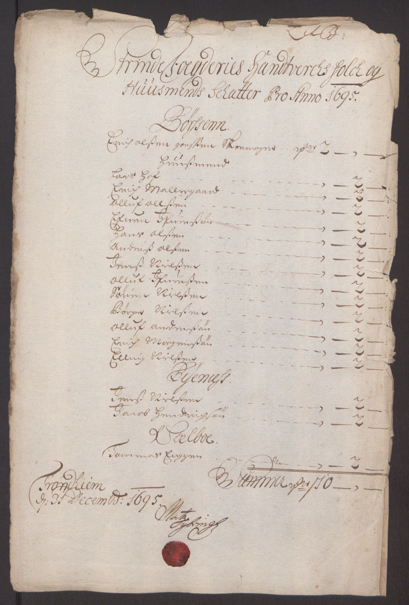 Rentekammeret inntil 1814, Reviderte regnskaper, Fogderegnskap, AV/RA-EA-4092/R61/L4105: Fogderegnskap Strinda og Selbu, 1695, p. 27